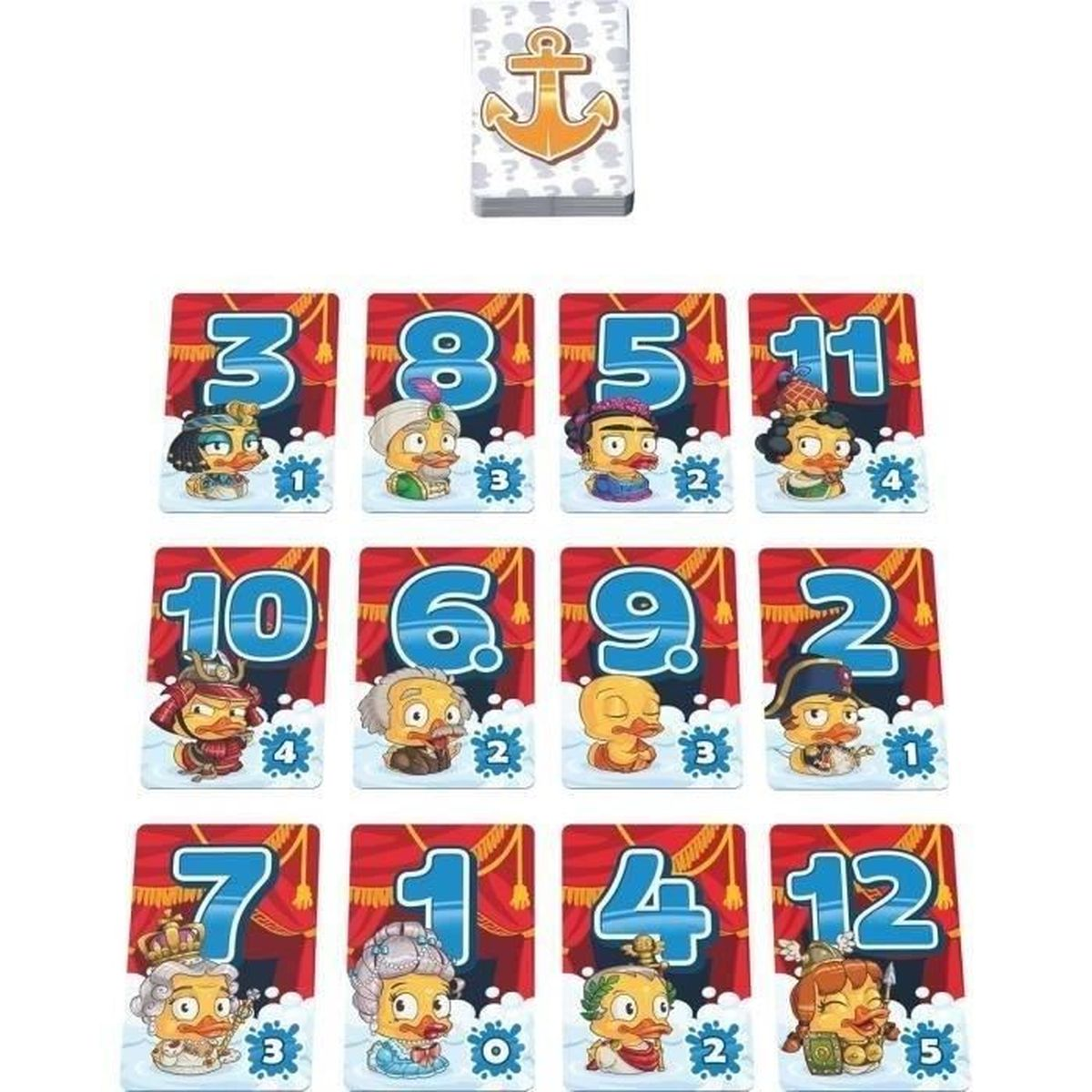 Spielkarten mit Enten-Motiv, nummeriert 1-12, und eine Ankerkarte oben. Roter Vorhang als Hintergrund.