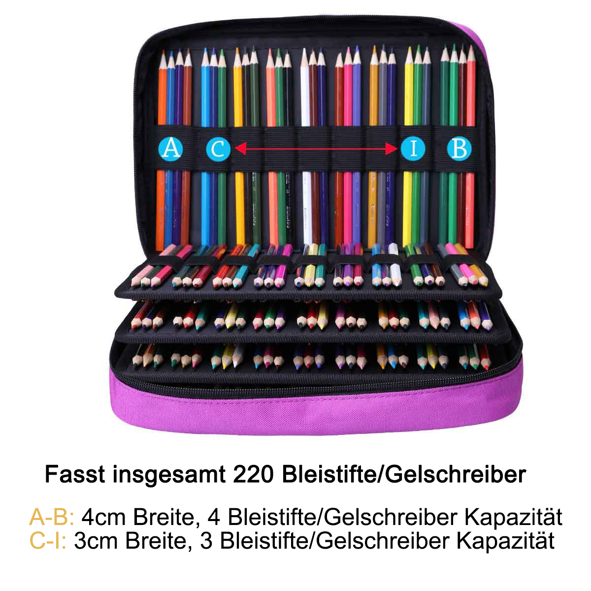 Offener Federmäppchen mit vielen farbigen Stiften, ordentlich angeordnet. Text zeigt Kapazität und Maße.