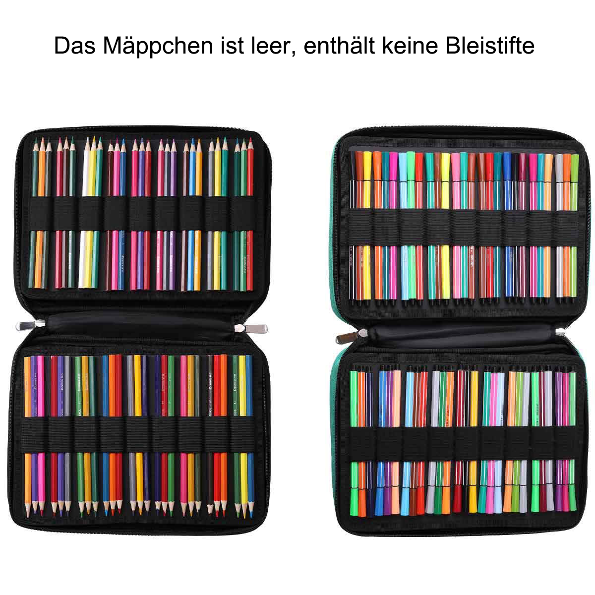 Zwei offene Federmäppchen mit Farbstiften. Die Etuis sind schwarz und grün. Text-Overlay.