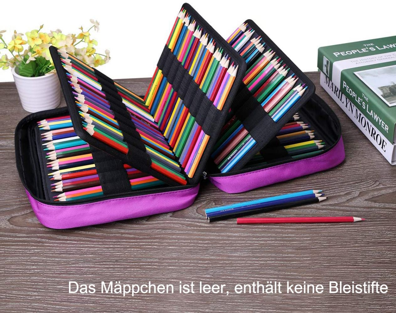Federmäppchen geöffnet, mit Buntstiften. Der Text besagt, dass das Etui leer ist.