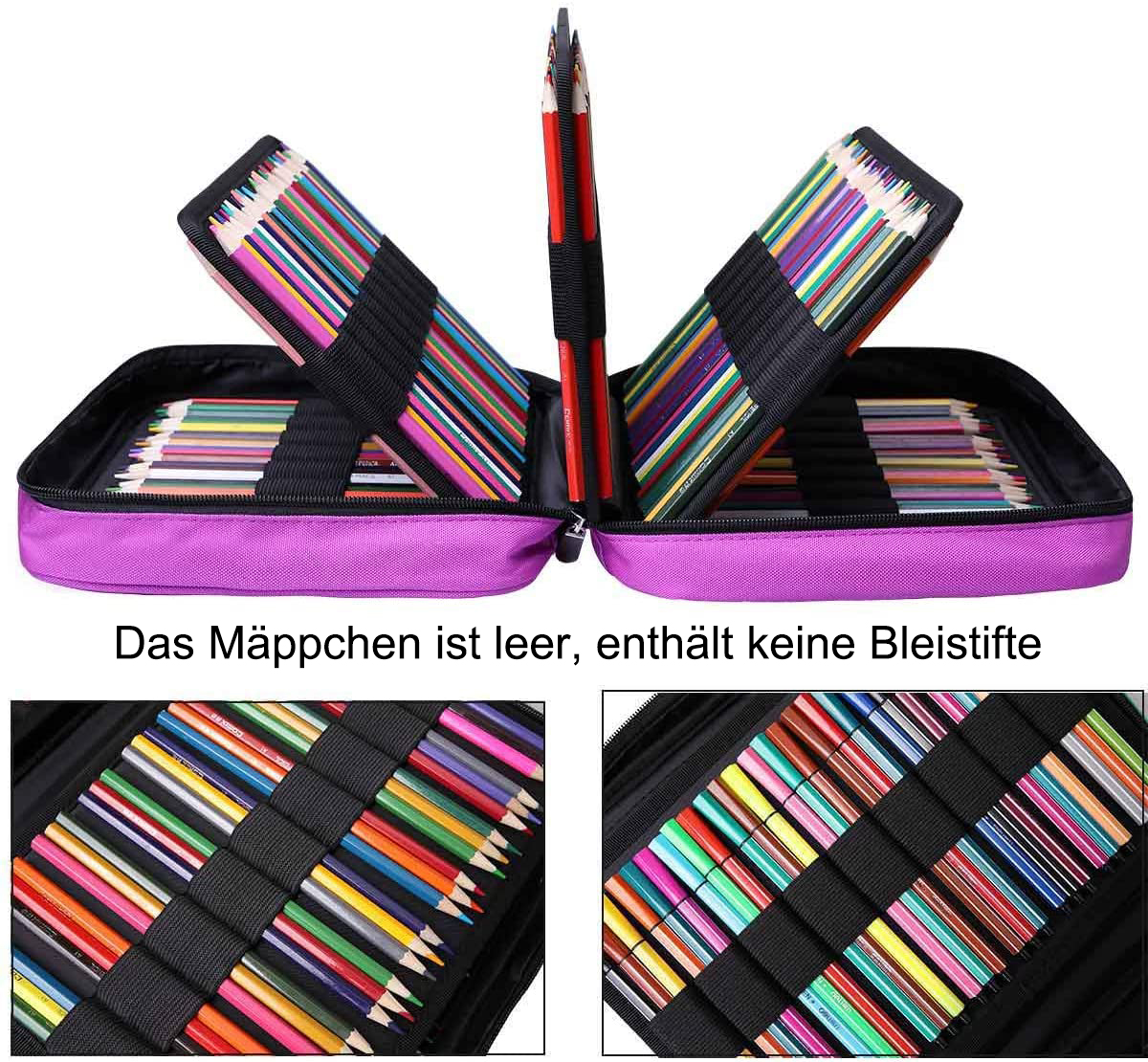 Ein lila Federmäppchen mit farbigen Bleistiften im Inneren. Der Koffer ist leer, ohne Bleistifte.