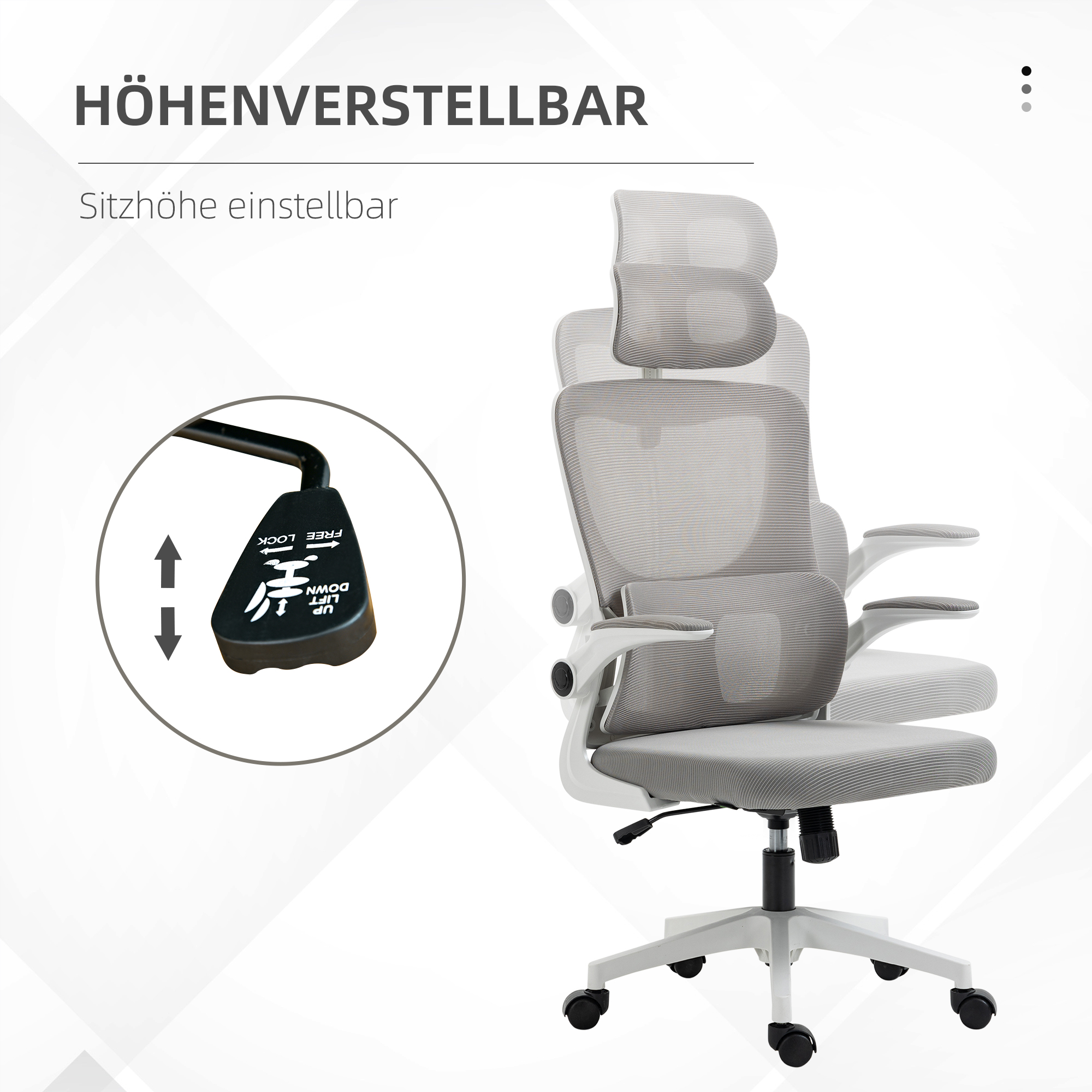 Ein ergonomischer Bürostuhl. Der verstellbare Rücken und die Kopfstütze sind hervorgehoben.