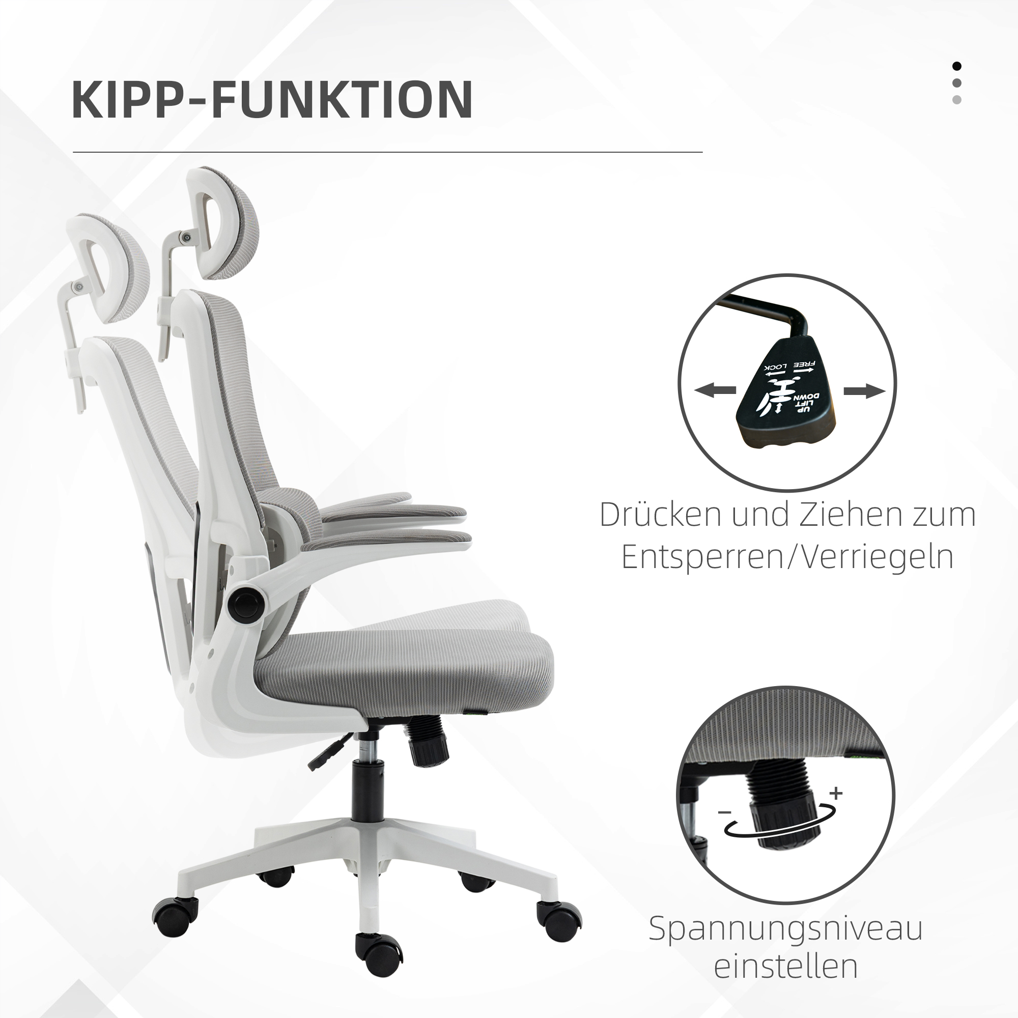 Ein Bürostuhl mit beschrifteten Merkmalen. Der Stuhl ist grau und weiß, mit detaillierten Diagrammen.