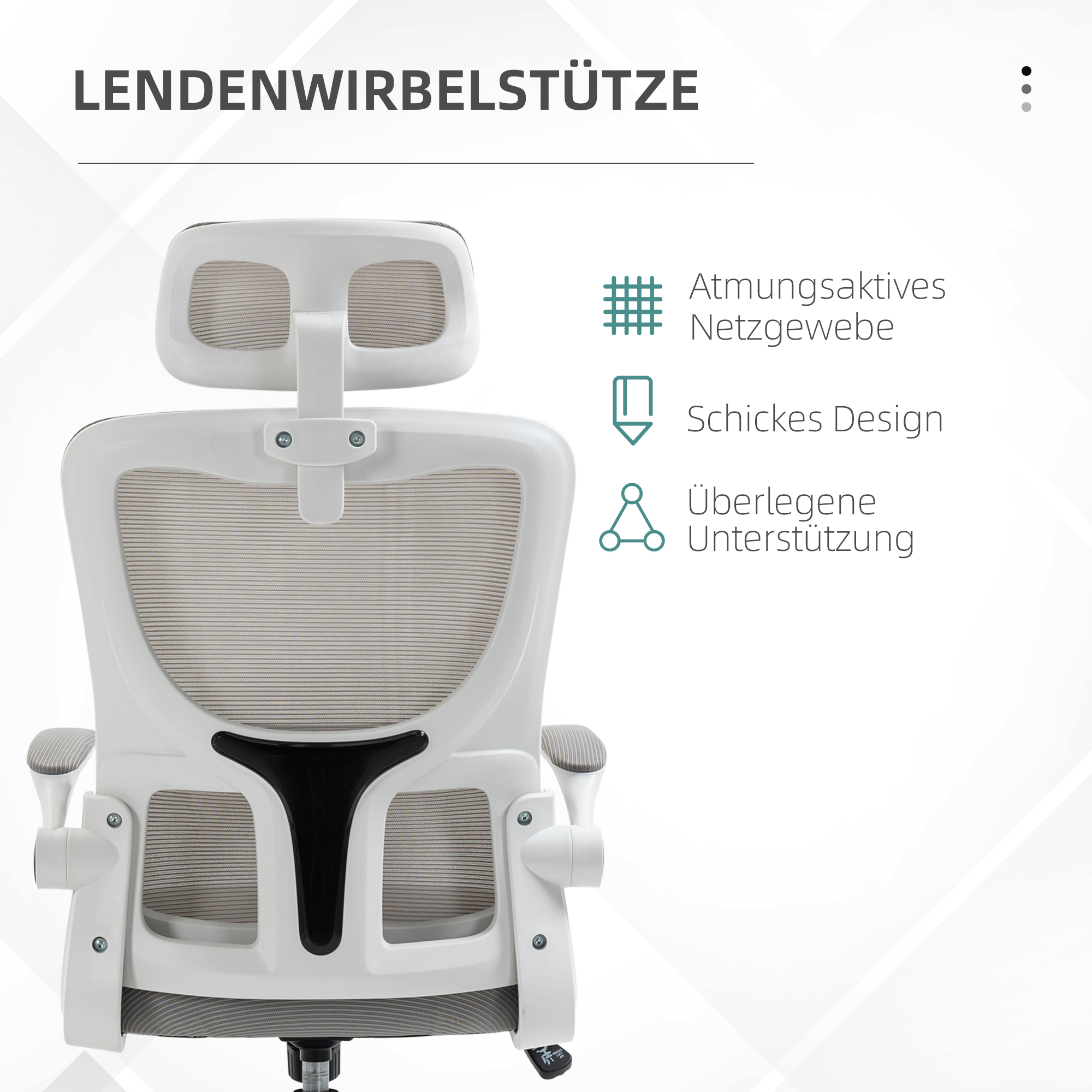 Die Rückseite eines ergonomischen Bürostuhls. Hervorgehobene Merkmale sind atmungsaktives Mesh und Lendenwirbelstütze.