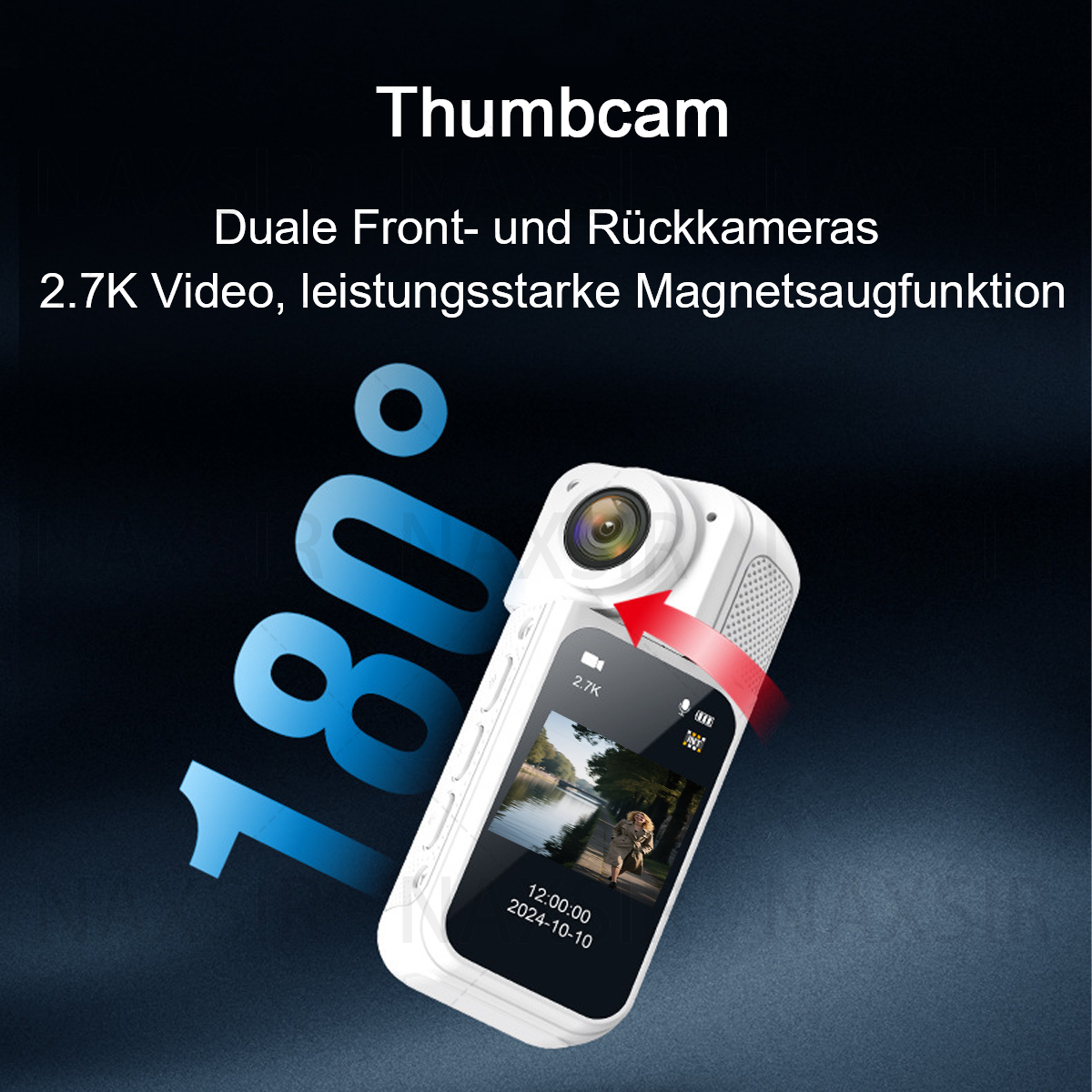 Weiße Kamera mit Text-Overlay. Die Kamera zeigt auf einen Bildschirm mit einem Bild.