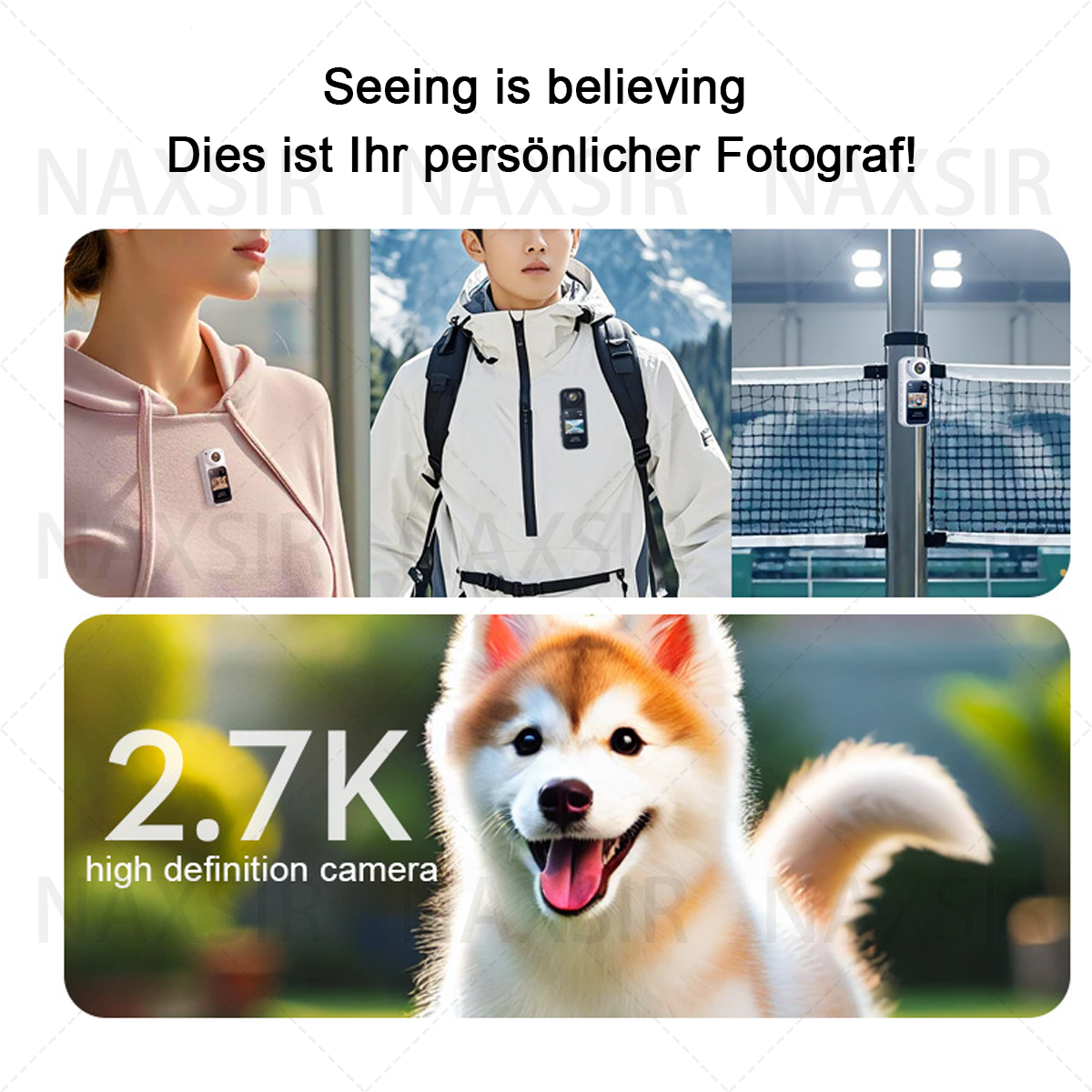 Collage von Bildern einer kleinen Kamera, die benutzt wird. Leute tragen sie und ein Hund ist auf einem Bild.