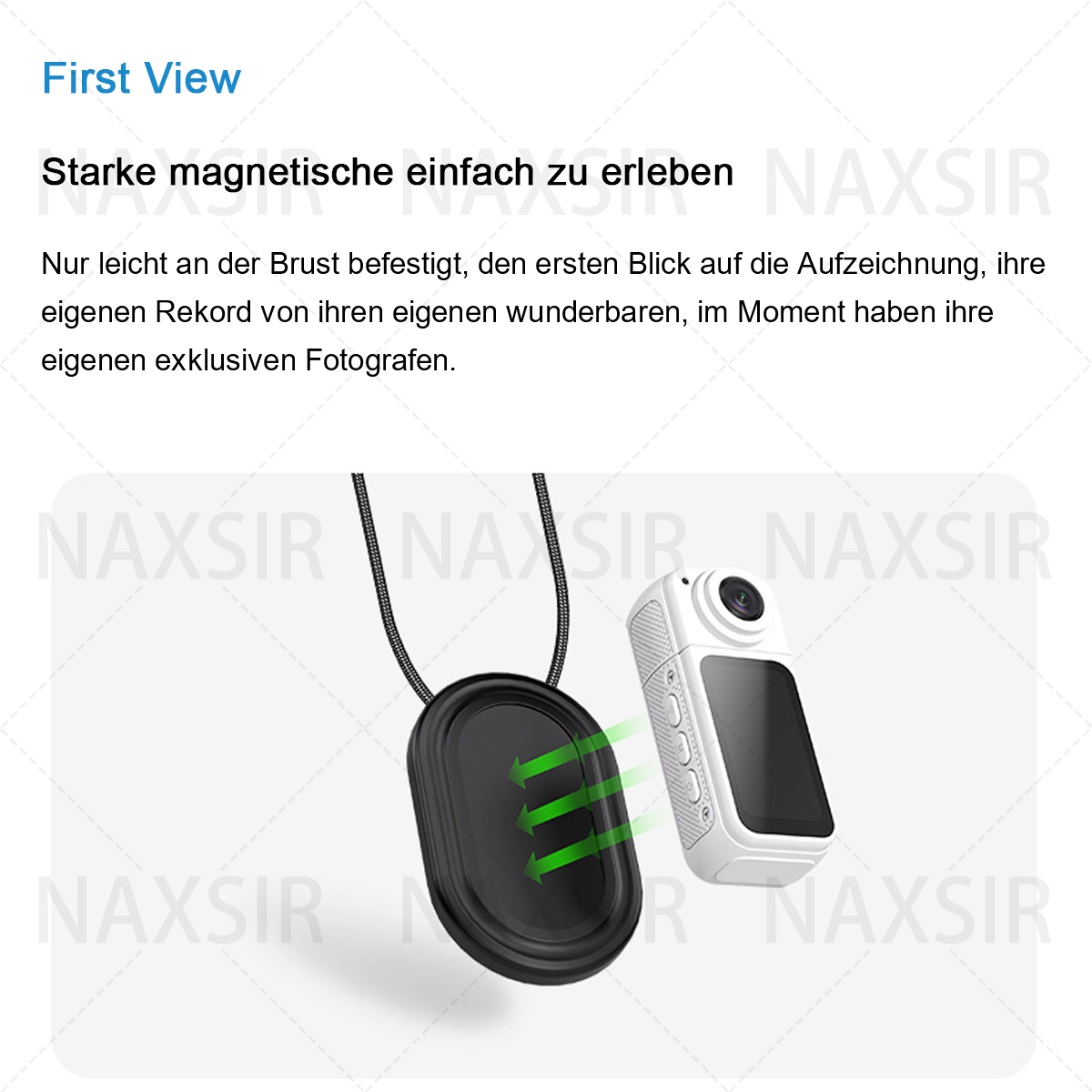 Kleine schwarze Kamera und magnetischer Verschluss. Die Kamera wird am Verschluss befestigt, um ihre Funktionen zu demonstrieren.