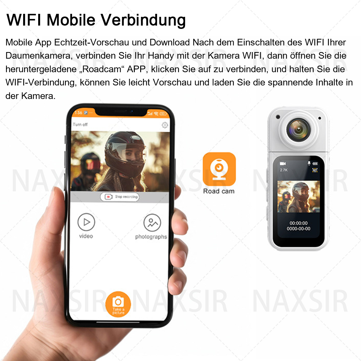 Die Hand einer Person hält ein Smartphone und eine kleine Kamera wird gezeigt. Das Telefon zeigt den Kamerazugang.