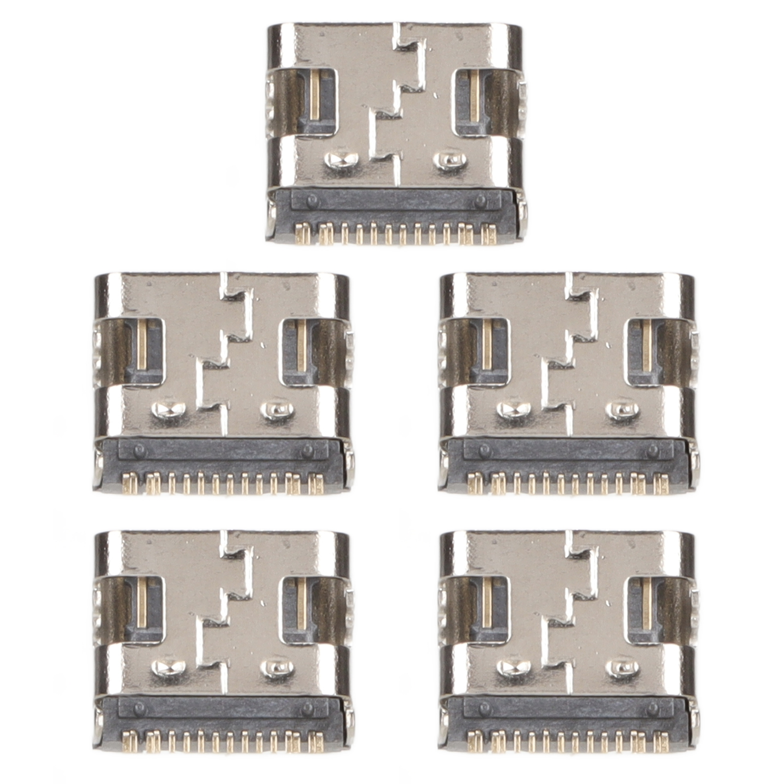 Fünf silberfarbene Stecker, mit mehreren Pins für elektronische Geräteanschlüsse, sind abgebildet.