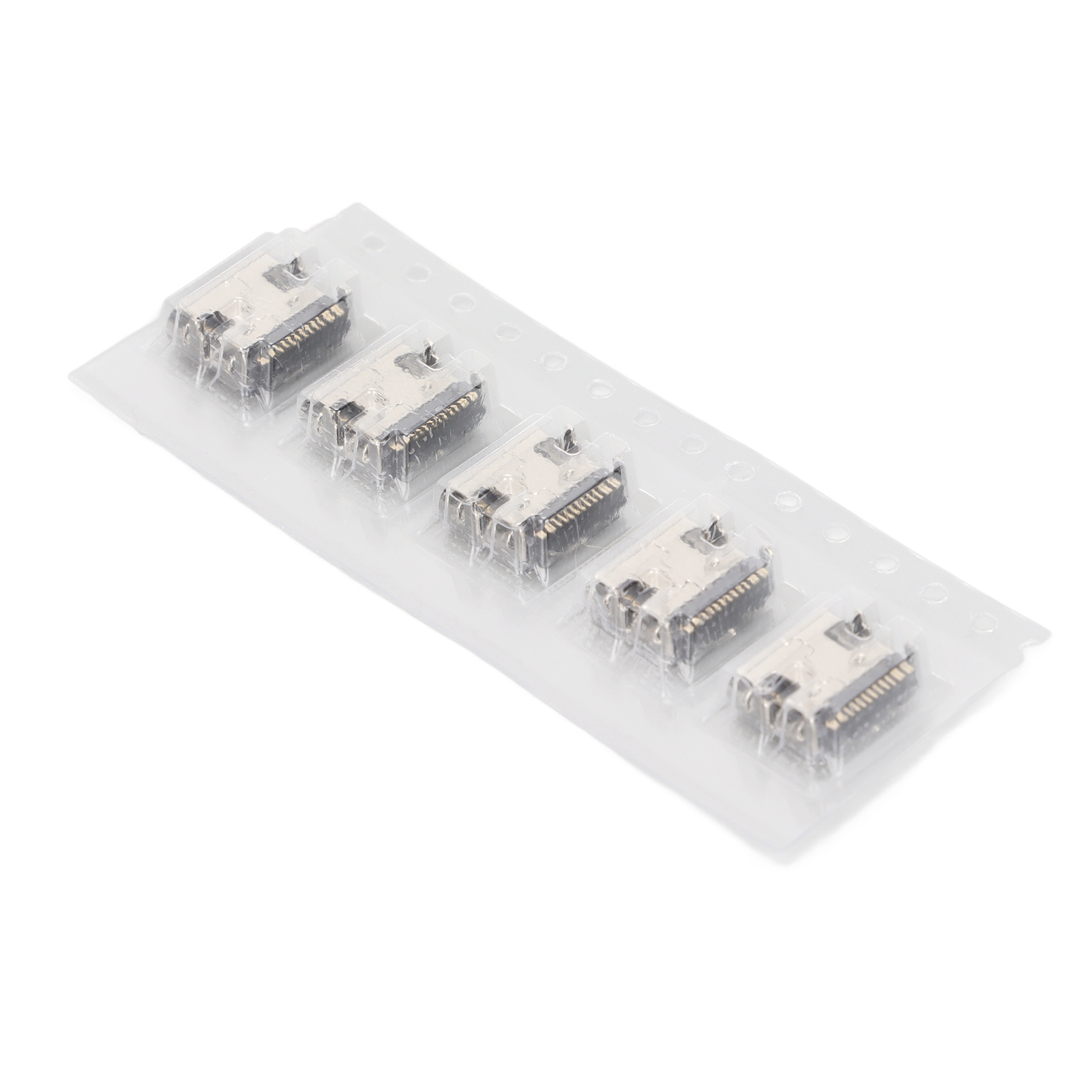 Fünf USB-C-Anschlüsse, in einer Reihe angeordnet und in klarer Kunststoffverpackung versiegelt. Die Anschlüsse sind silber.