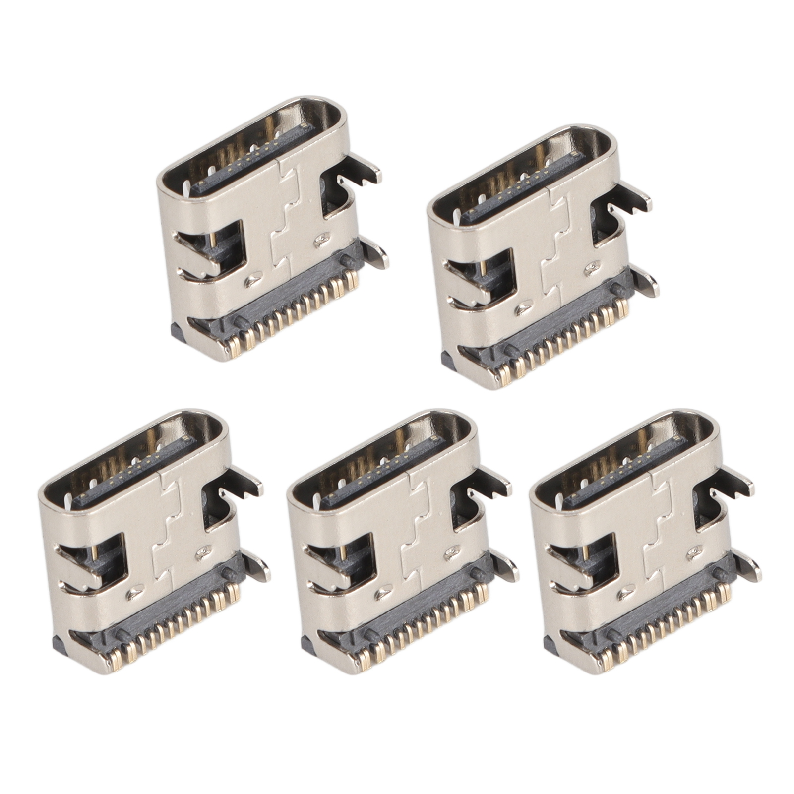 Fünf USB-C-Anschlüsse angeordnet. Sie sind silberfarben und haben mehrere Pins und eine rechteckige Form.