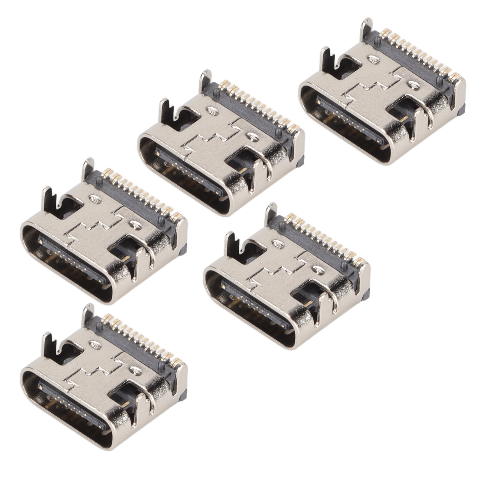 Fünf silberne USB-C-Anschlüsse, mit Pins für elektronische Geräteanschlüsse, sind abgebildet.