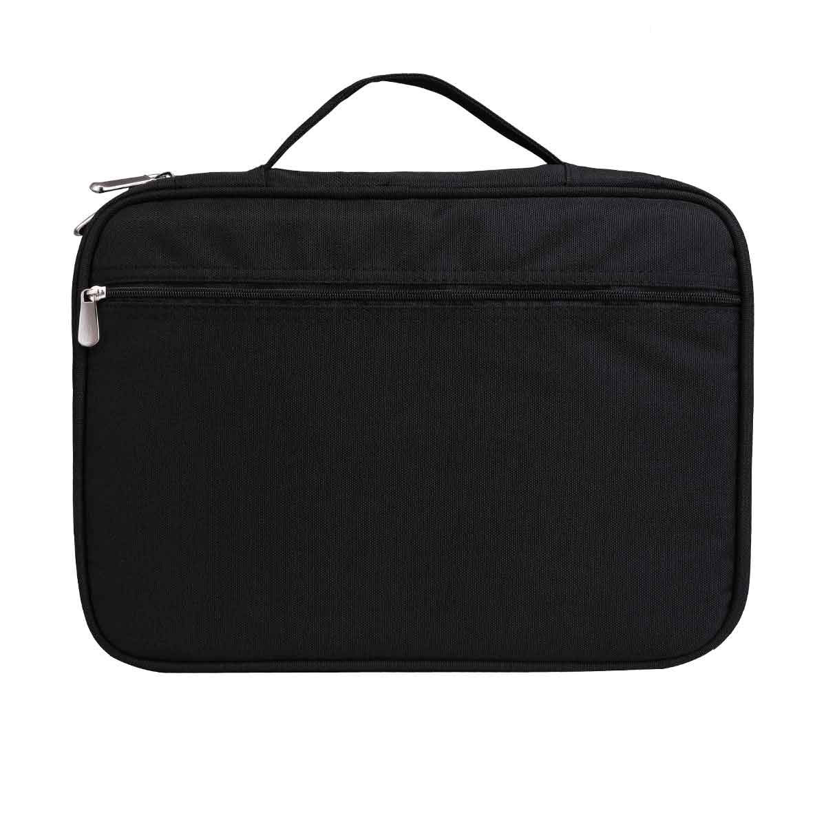 Eine schwarze, rechteckige Tasche mit Reißverschluss, Griff und kleiner Fronttasche.