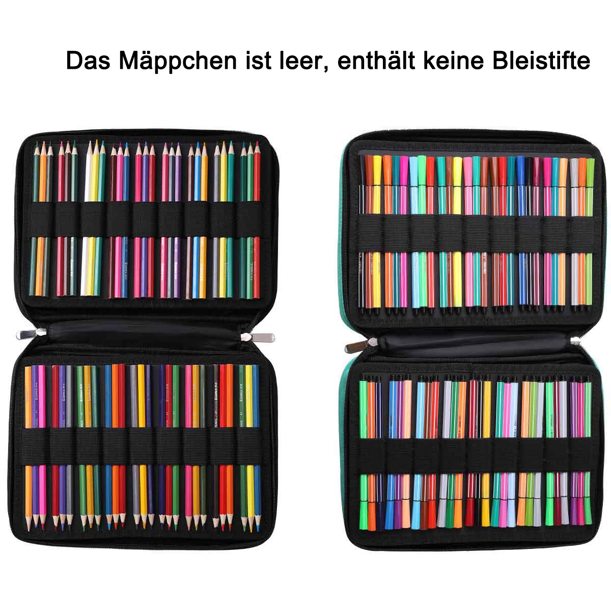 Ein offenes Federmäppchen voller farbiger Stifte. Das Etui hat mehrere Fächer zur geordneten Aufbewahrung.