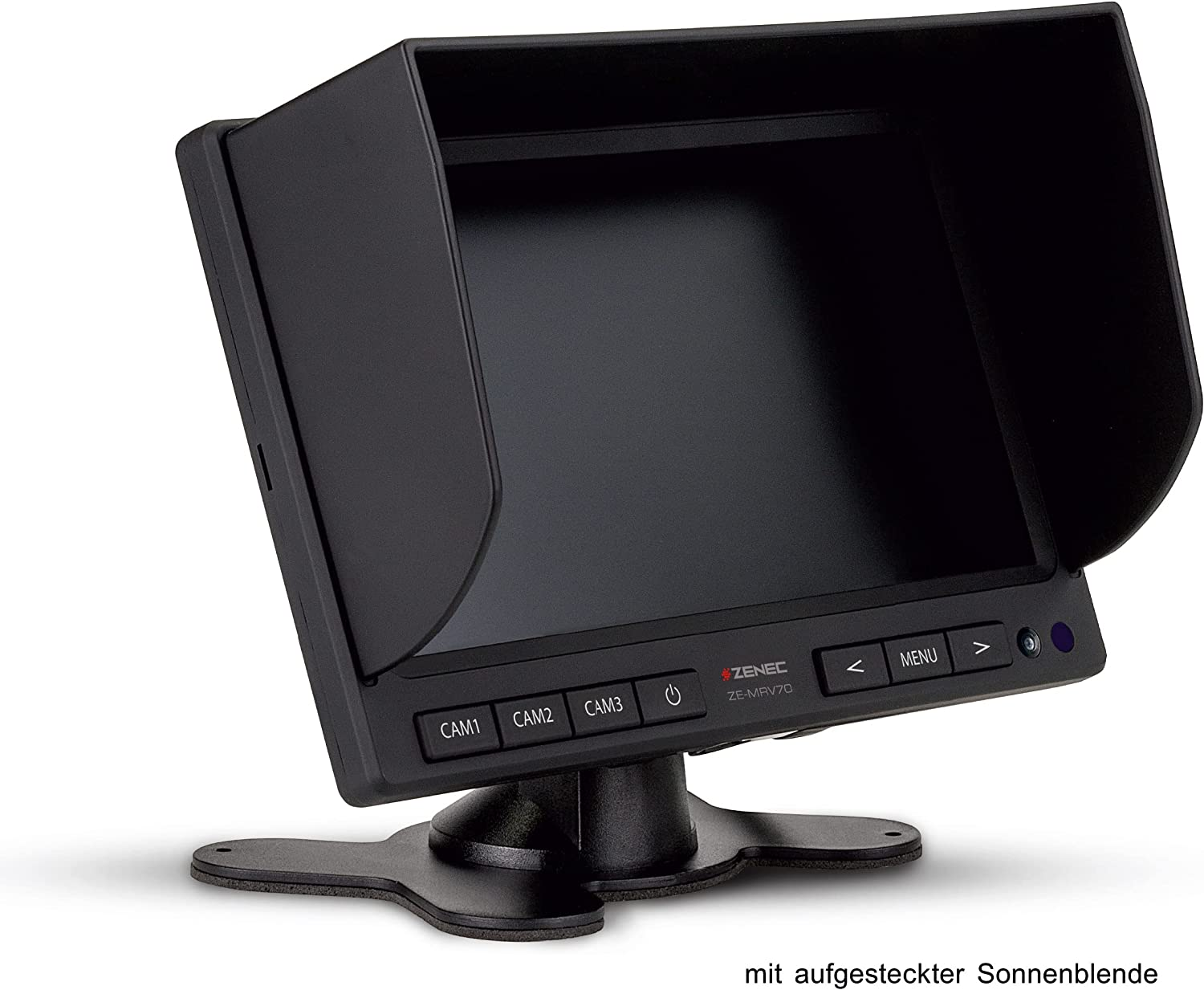 Schwarzer Monitor mit Blende und Ständer. Tasten CAM1, CAM2, CAM3, MENU und Pfeile. Der Bildschirm ist schwarz.