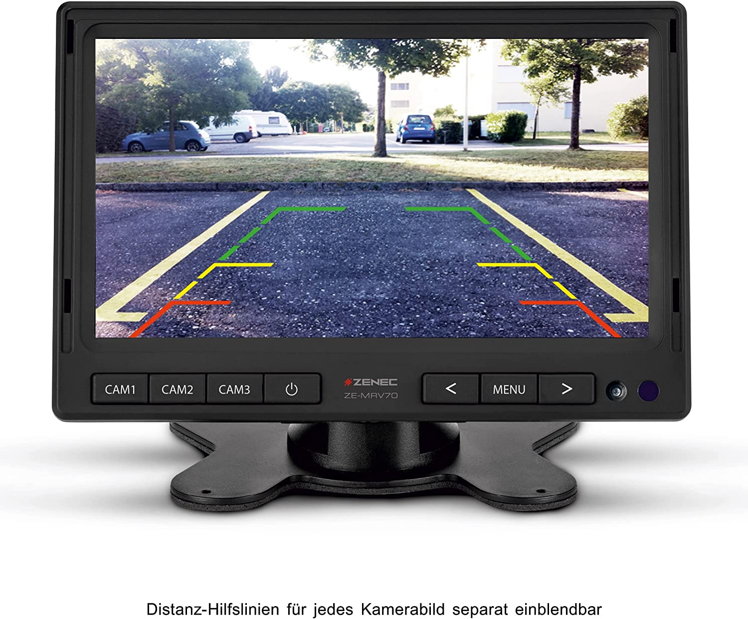 Der Monitor zeigt eine Parkplatzszene mit farbigen Linien. Tasten CAM1, CAM2, CAM3, Menü und Pfeile unten.