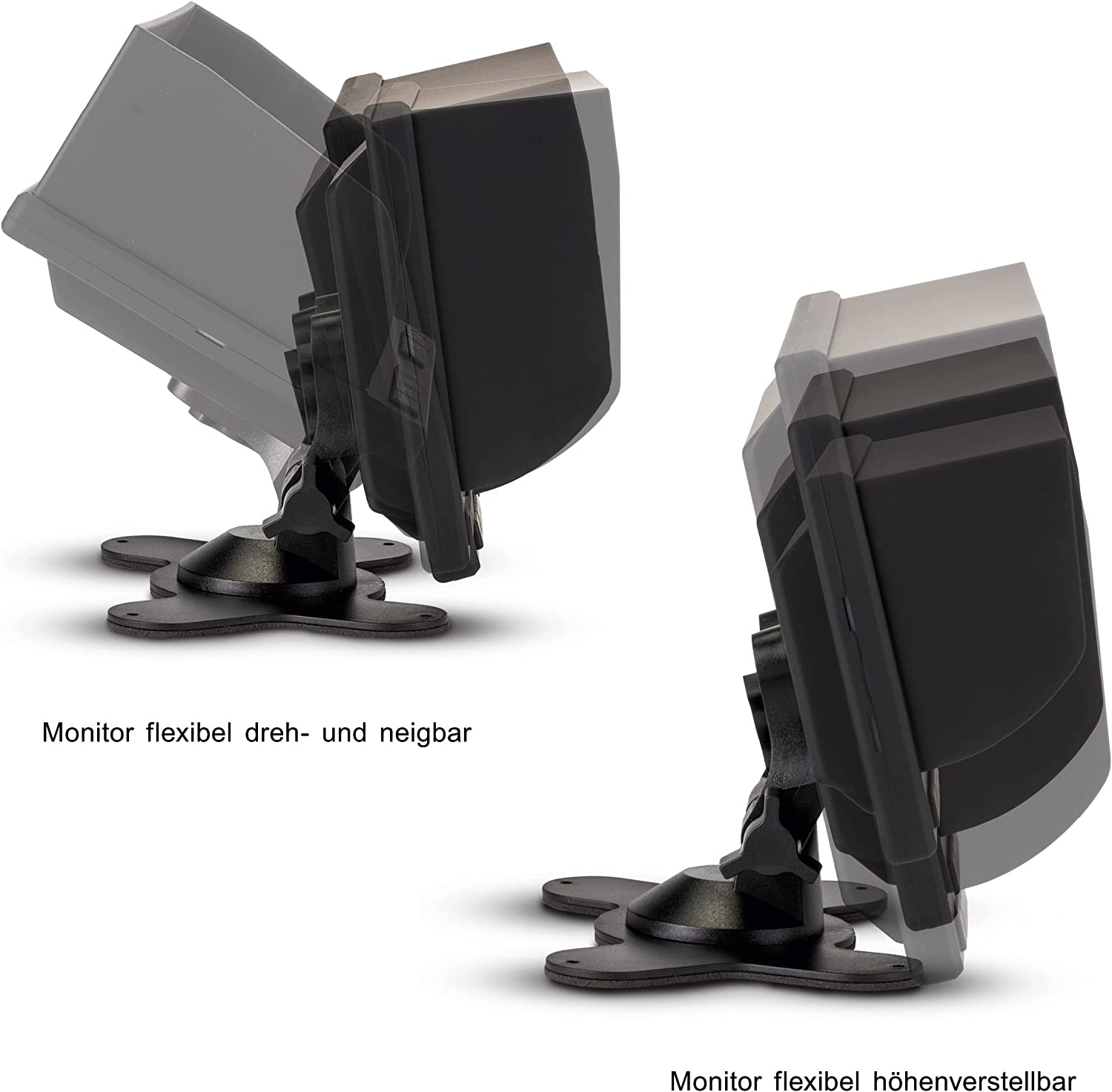 Zwei Monitore mit verstellbaren Ständern, beschriftet 'Monitor flexibel dreh- und neigbar'.