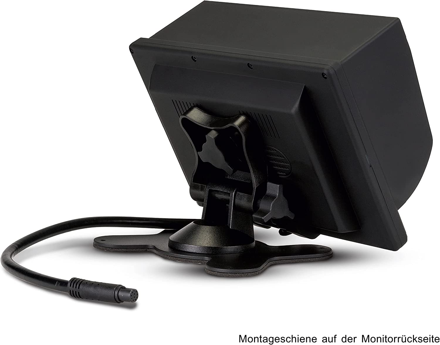 Rückseite eines schwarzen Monitors mit Ständer und Kabel. Der Monitor ist abgewinkelt.