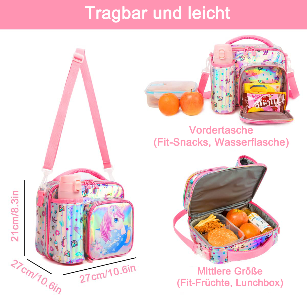 Ein rosafarbenes Lunchbag-Set mit Einhorn-Design. Enthält eine Wasserflasche und eine Lunchbox mit Essen.