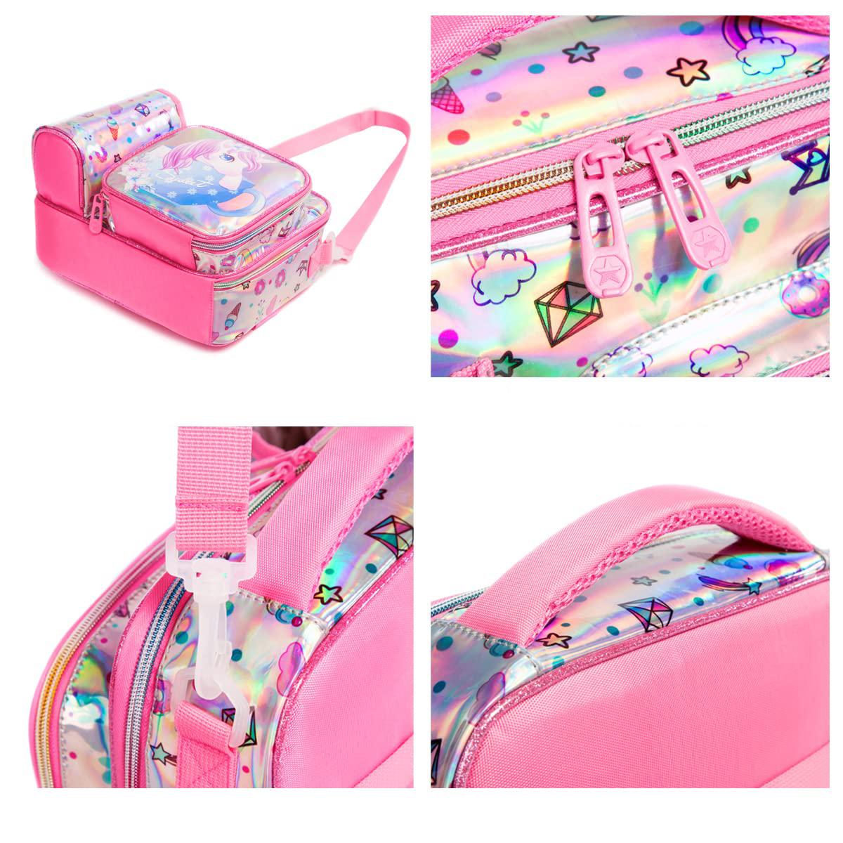 Ein rosa Lunchpaket-Set mit Einhorn-Design und mehreren Fächern.