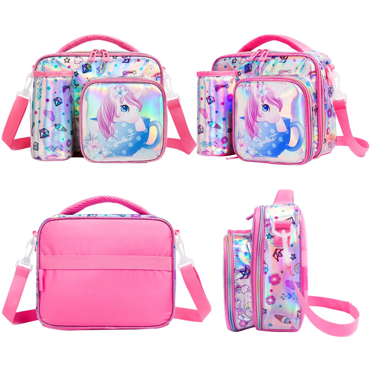 Vier Bilder, die ein rosa Einhorn-Lunchbag-Set zeigen. Enthält eine Wasserflasche und mehrere Ansichten.