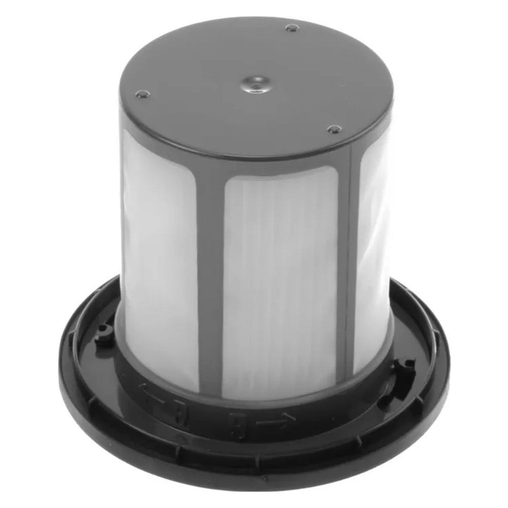 Ein zylindrischer Staubsaugerfilter mit schwarzem Boden und Deckel. Der Filter ist weiß und durchscheinend.