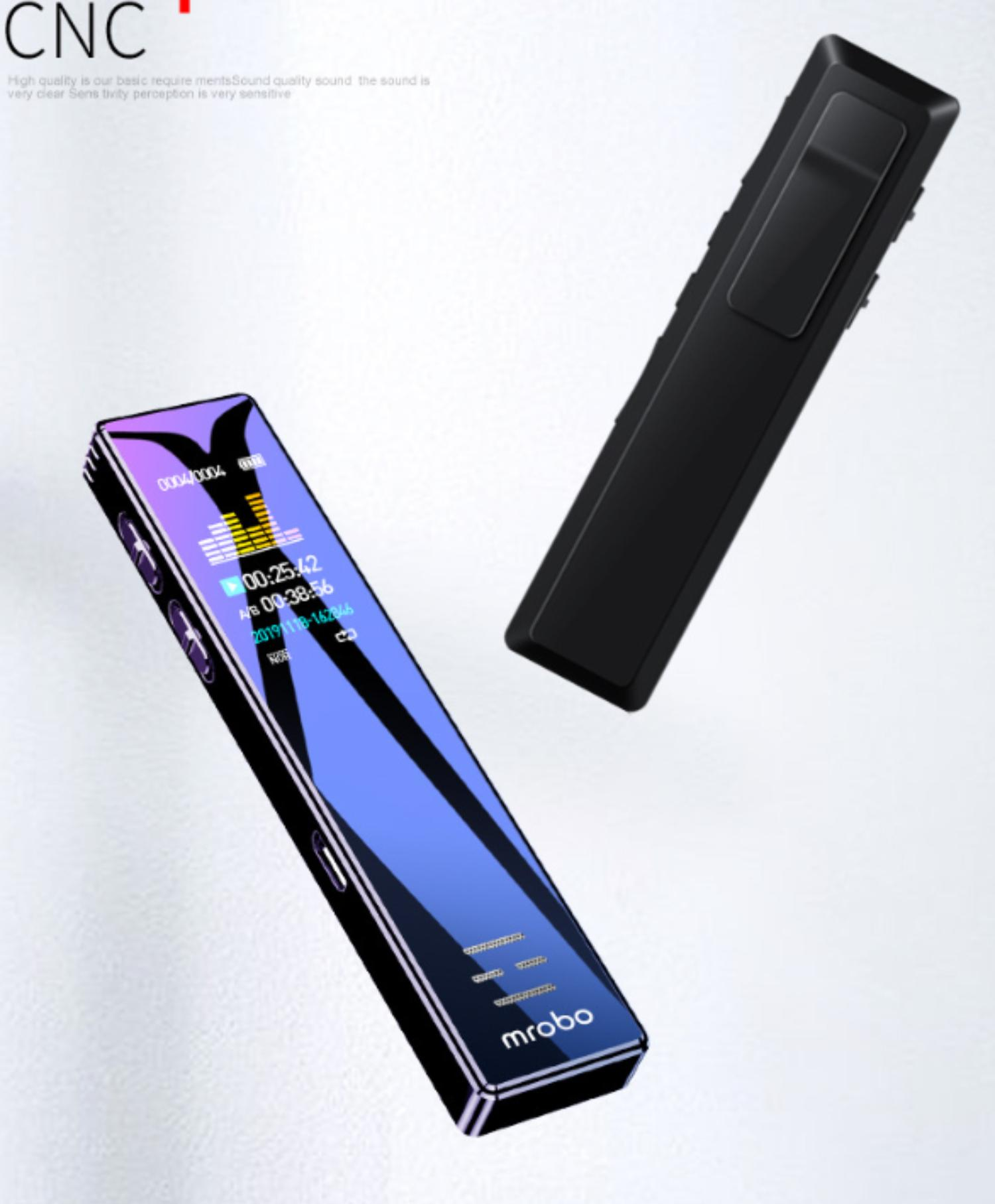 Zwei schwarze Audiorekorder mit Display. Einer wird gehalten, der andere liegt flach. Beide haben Design.
