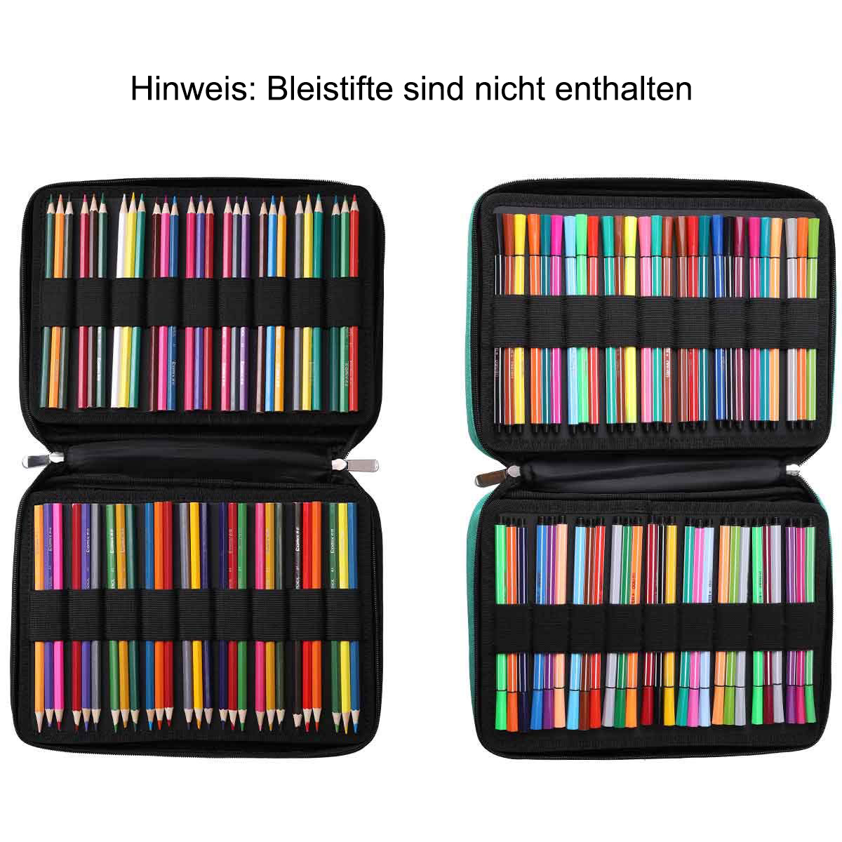 Zwei offene Federmäppchen mit Farbstiften gefüllt. Text oben: 'Bleistifte sind nicht enthalten'.