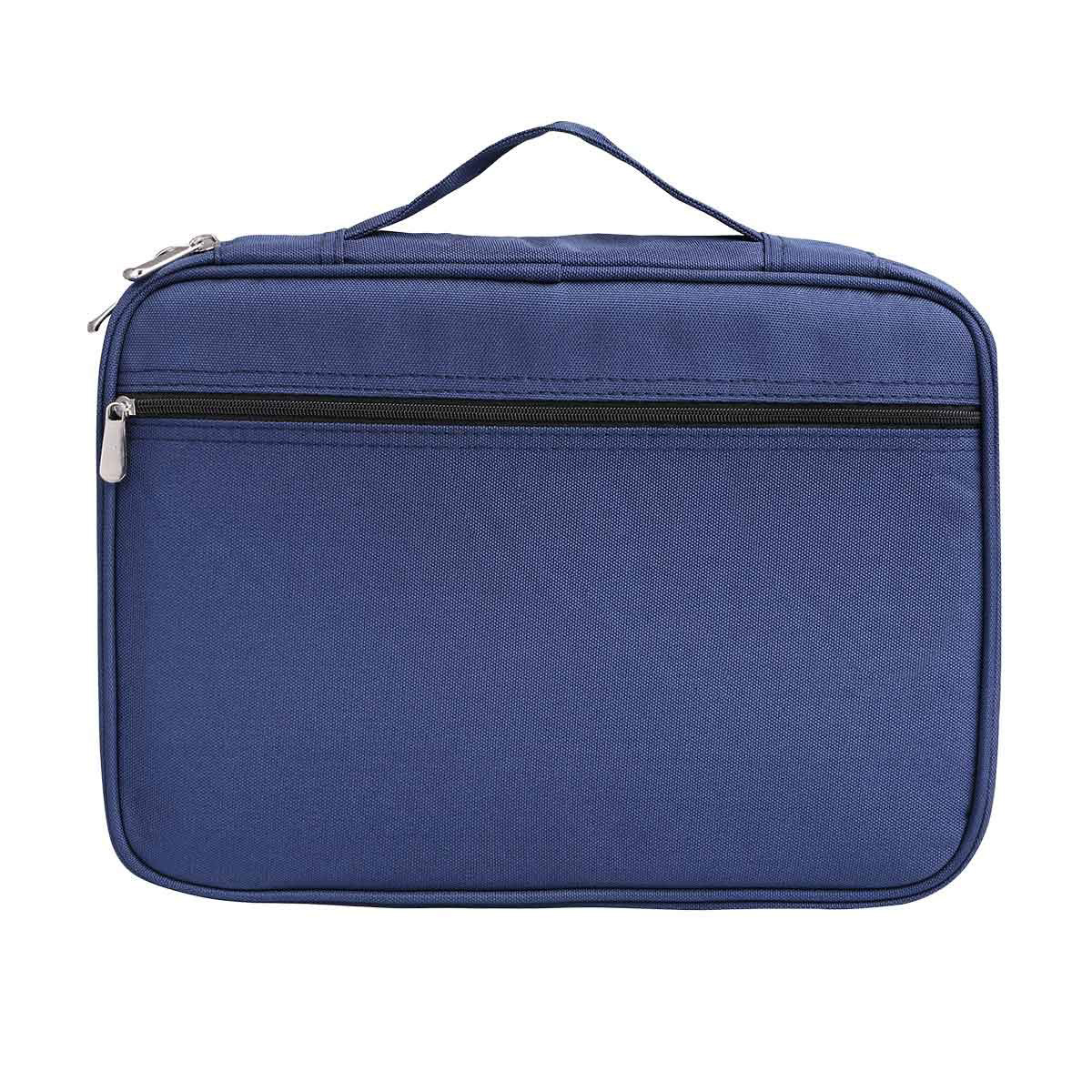 Eine marineblaue rechteckige Tasche mit Griff und Reißverschlusstasche.