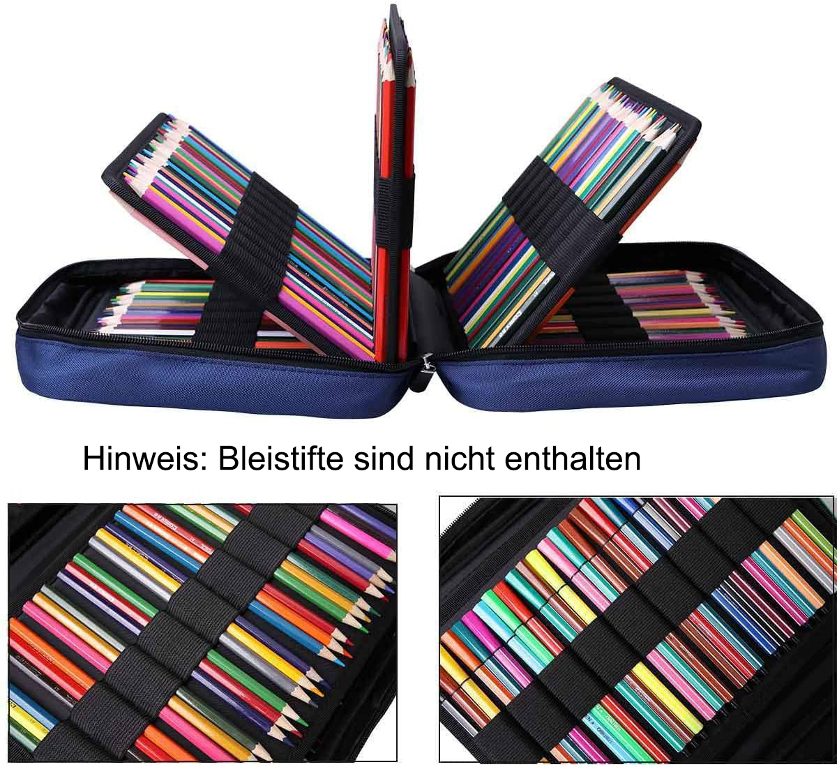 Offenes Federmäppchen mit Buntstiften, Text 'Hinweis: Bleistifte sind nicht enthalten'.