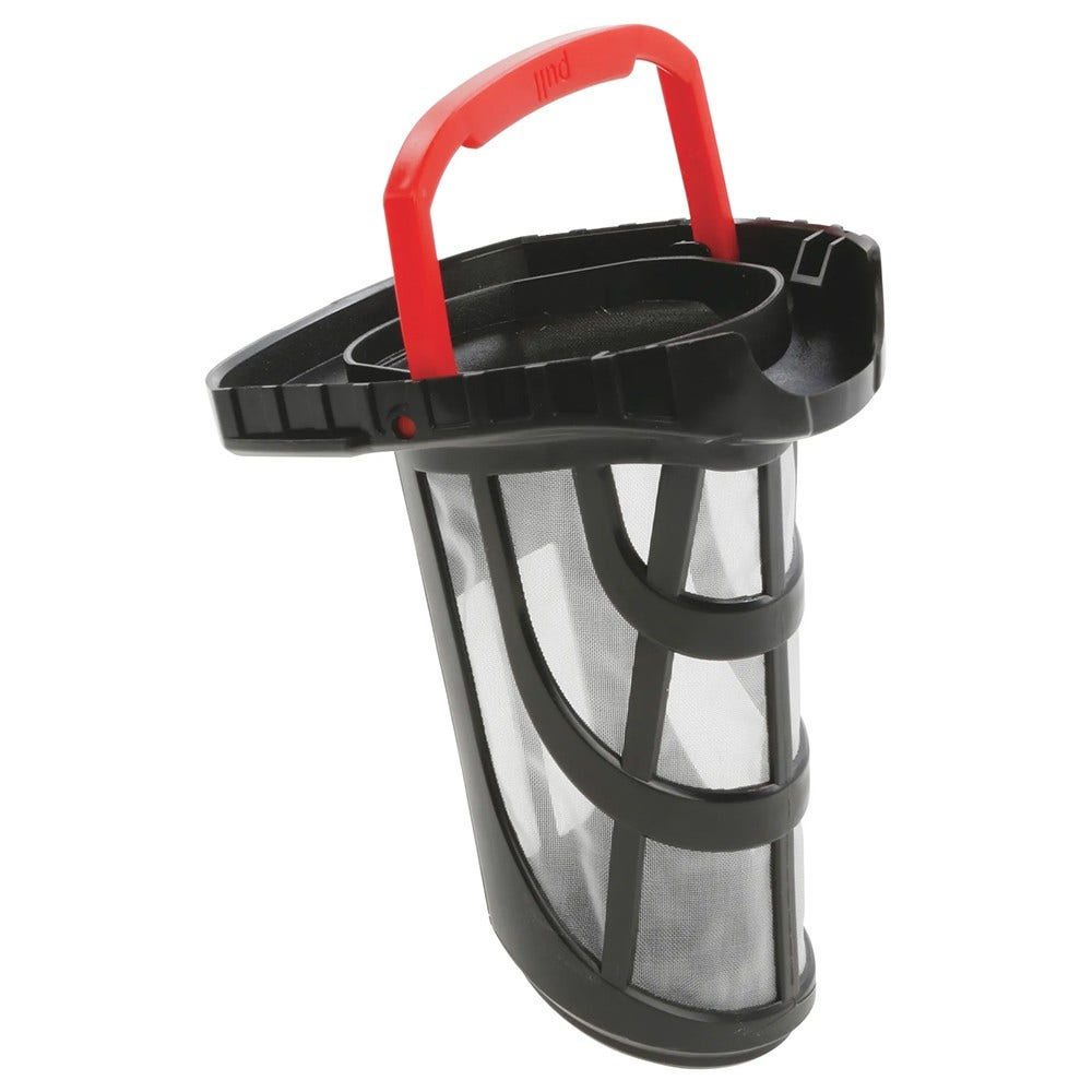 Ein schwarzer Staubsaugerfilter mit rotem Griff und einer klaren, netzartigen Innenstruktur.