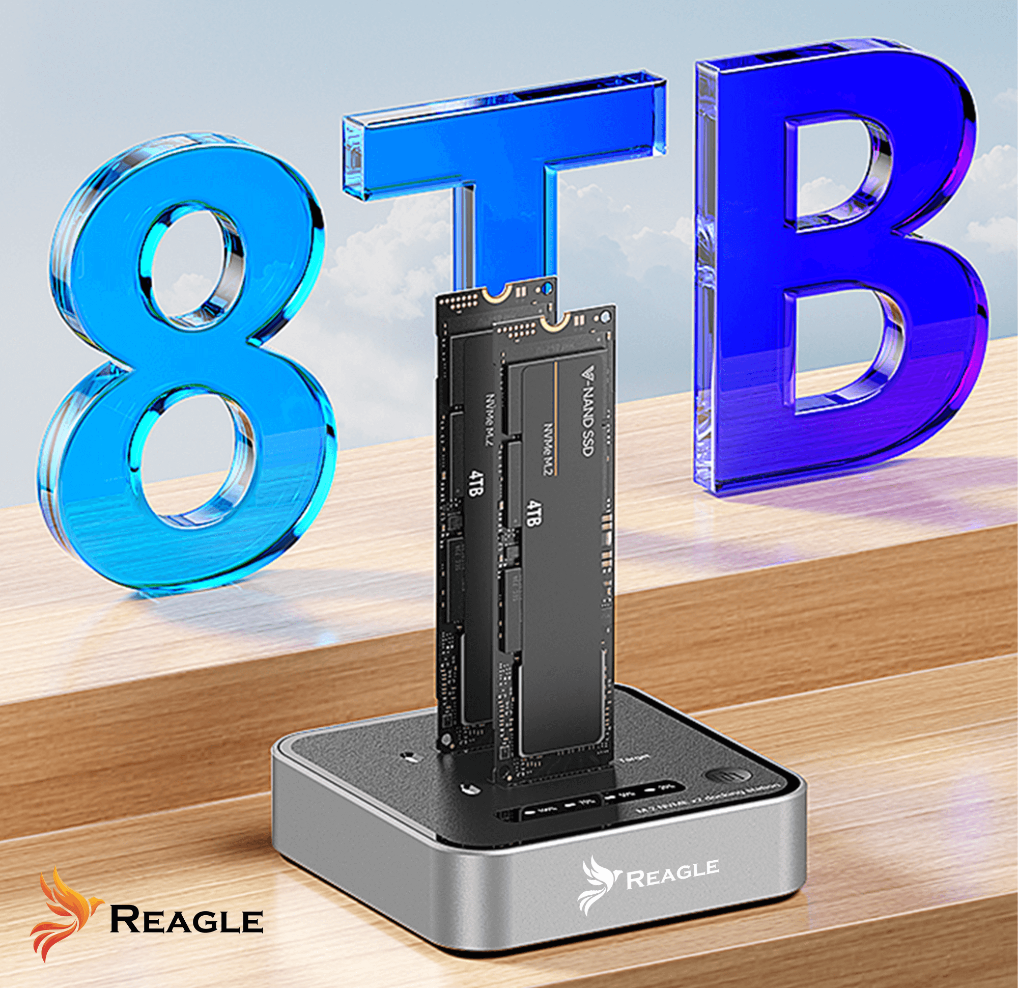 Stacja dokująca z dwoma dyskami SSD i tekstem '8TB' w dużych niebieskich literach 3D. Logo marki to Reagle.