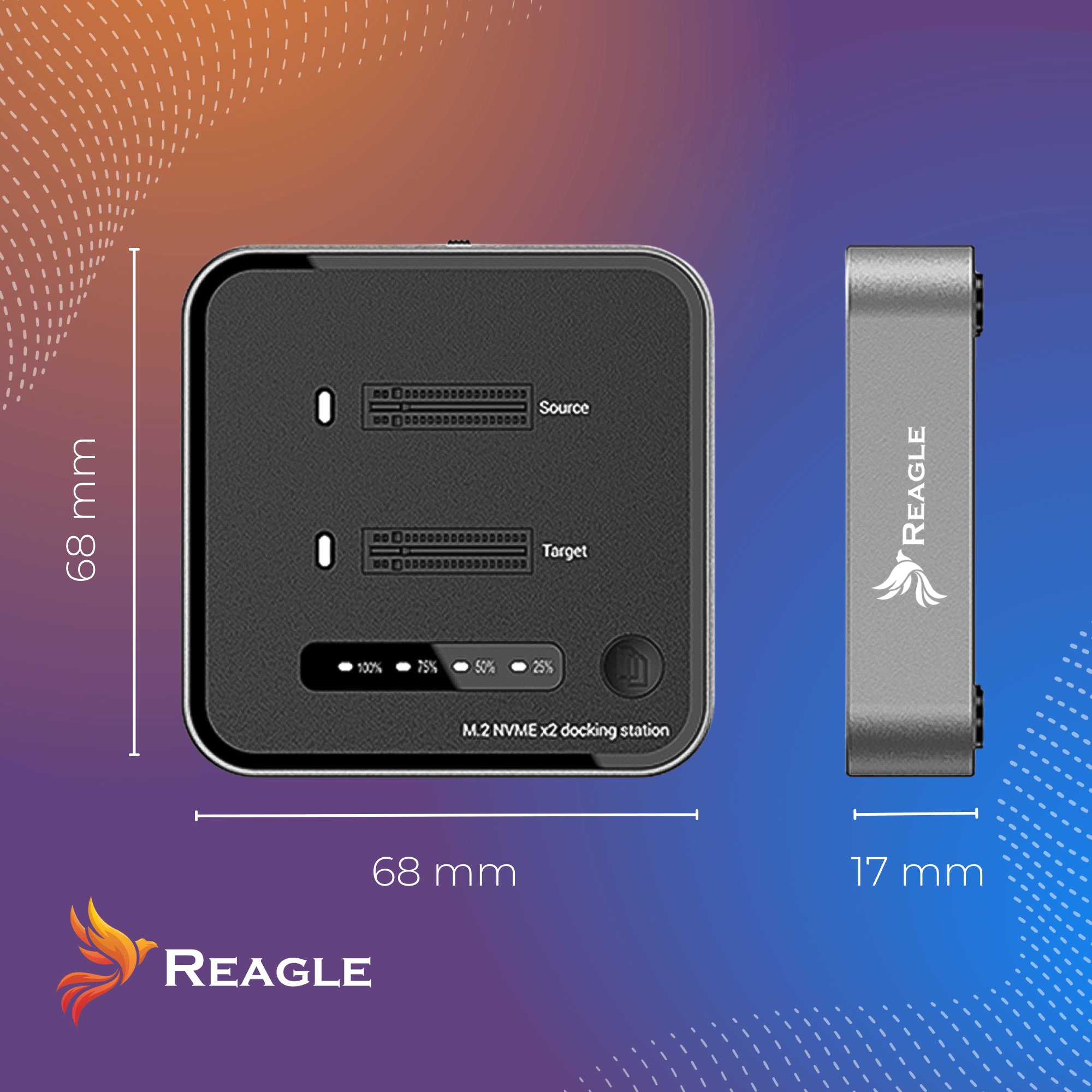 Stacja dokująca. Pomiary podane są w mm. Logo marki to Reagle. Pokazano dwa widoki z boku.