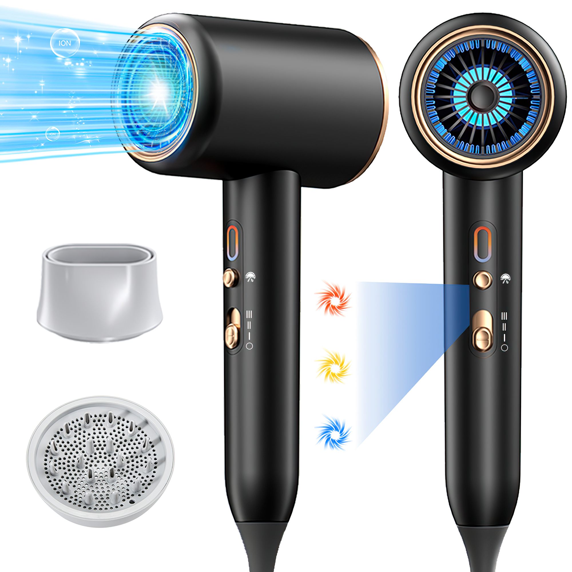Schwarzer und blauer Haartrockner mit Aufsätzen und blauem Licht.