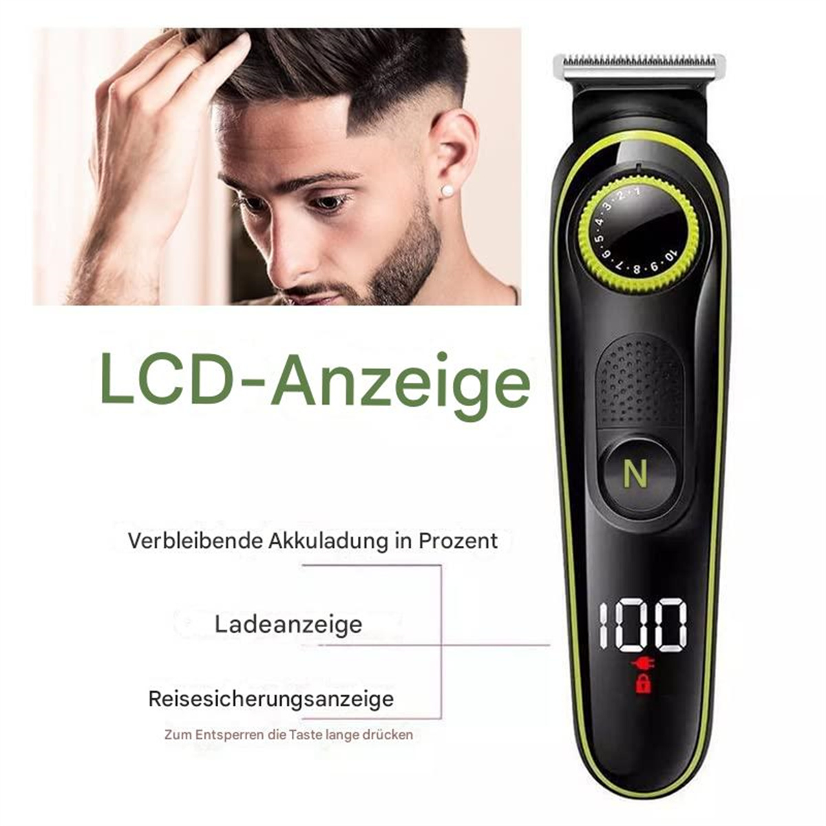 Ein schwarzer und grüner Trimmer mit LCD-Anzeige und einem Mann im Hintergrund.