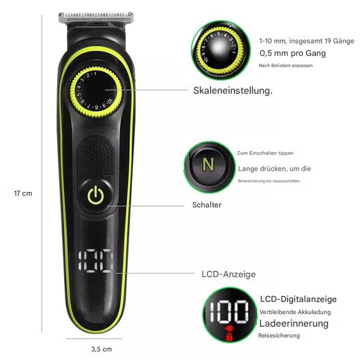 Schwarzer und grüner Trimmer mit Digitalanzeige 100. Ein Wählrad zeigt Einstellungen von 1 bis 10 mit Messungen.