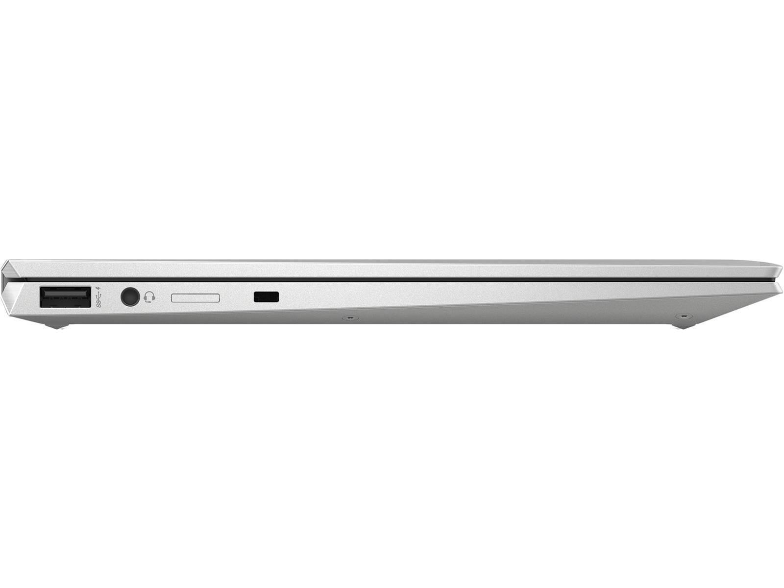Seitenansicht eines silbernen Laptops. Die linke Seite hat USB-, Audio- und USB-C-Anschlüsse. Der Laptop steht auf weißem Untergrund.