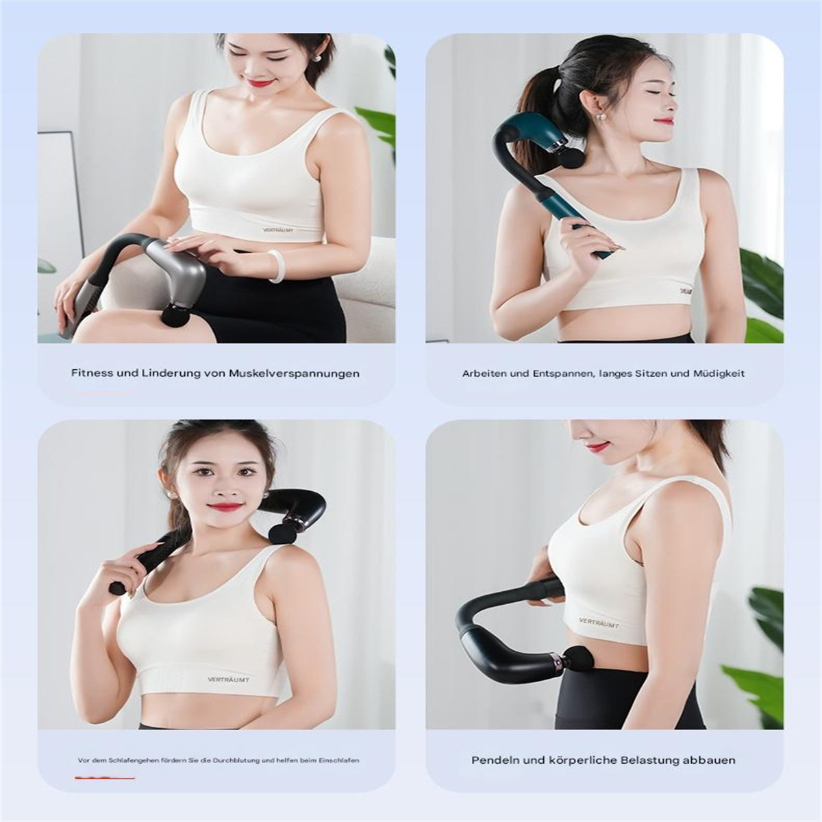Vier Bilder von Frauen, die ein Massagegerät an verschiedenen Körperteilen verwenden. Text beinhaltet Fitness und Muskelentlastung.