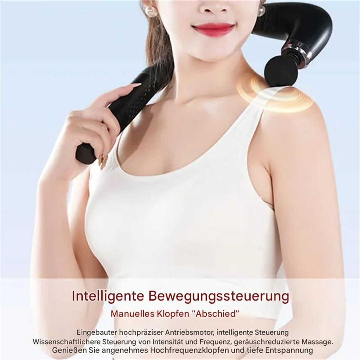 Eine Person benutzt eine Massagepistole an ihrem Nacken, mit Text über intelligente Bewegungssteuerung.