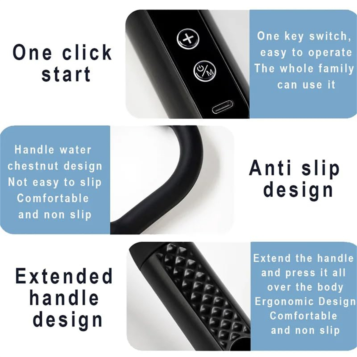 Nahaufnahmen eines schwarzen Massagepistolen-Griffs, die Designmerkmale zeigen, einschließlich One-Click-Start und Anti-Rutsch-Griff.