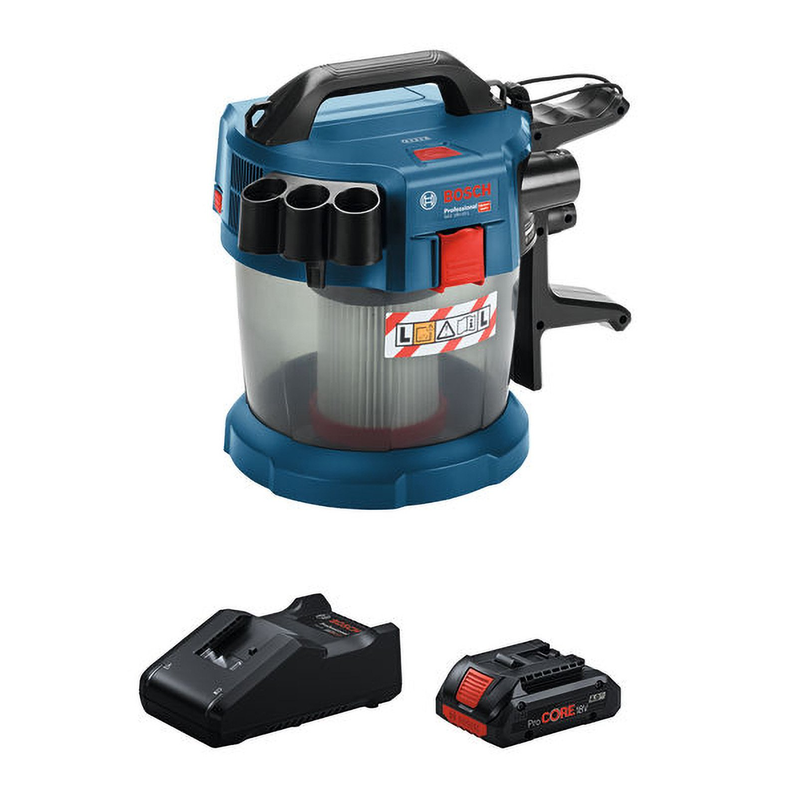 Un aspirateur bleu avec une poignée noire et deux composants noirs supplémentaires sur fond blanc.