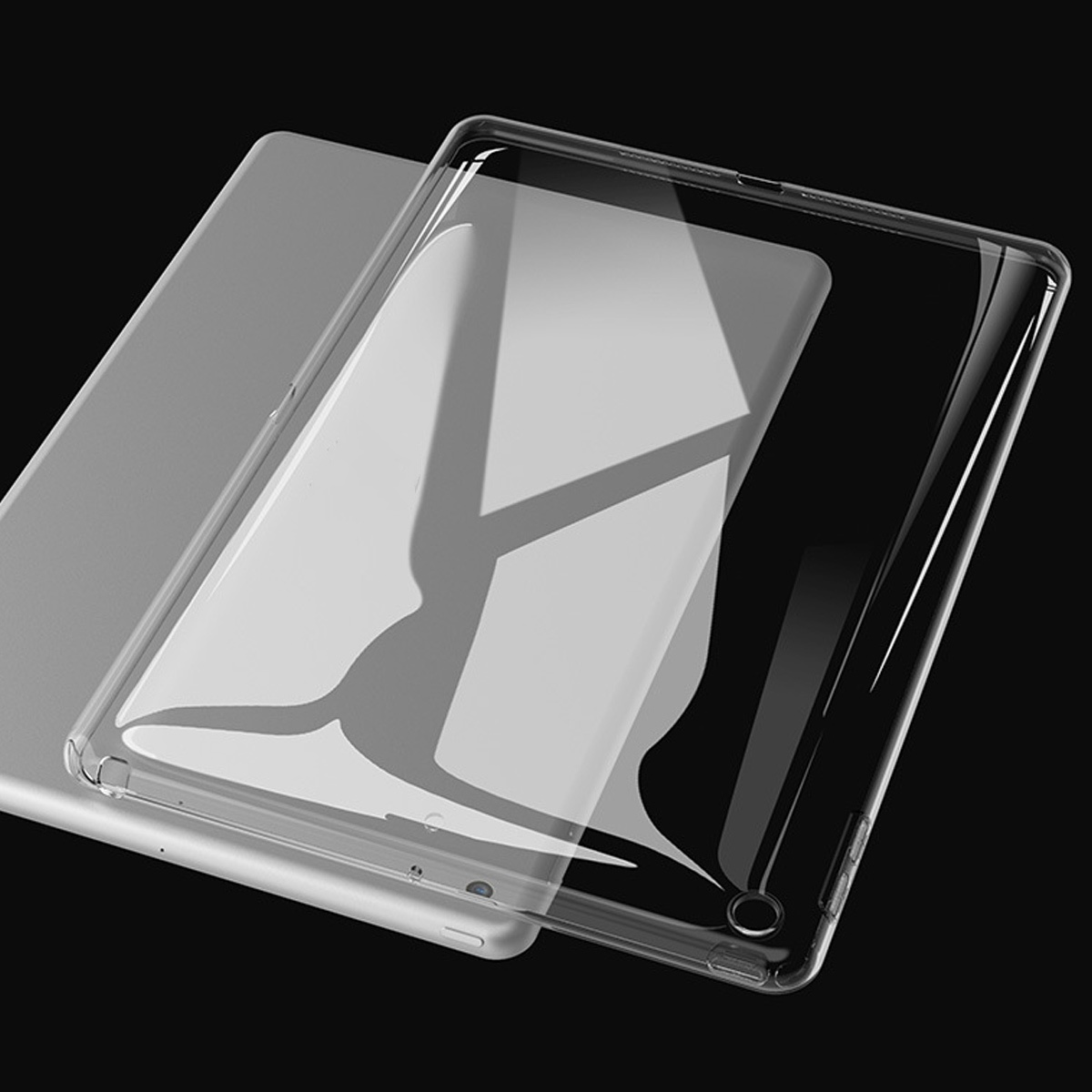 Ein iPad mit transparentem Gehäuse wird vor dunklem Hintergrund gezeigt. Das iPad ist silberfarben.