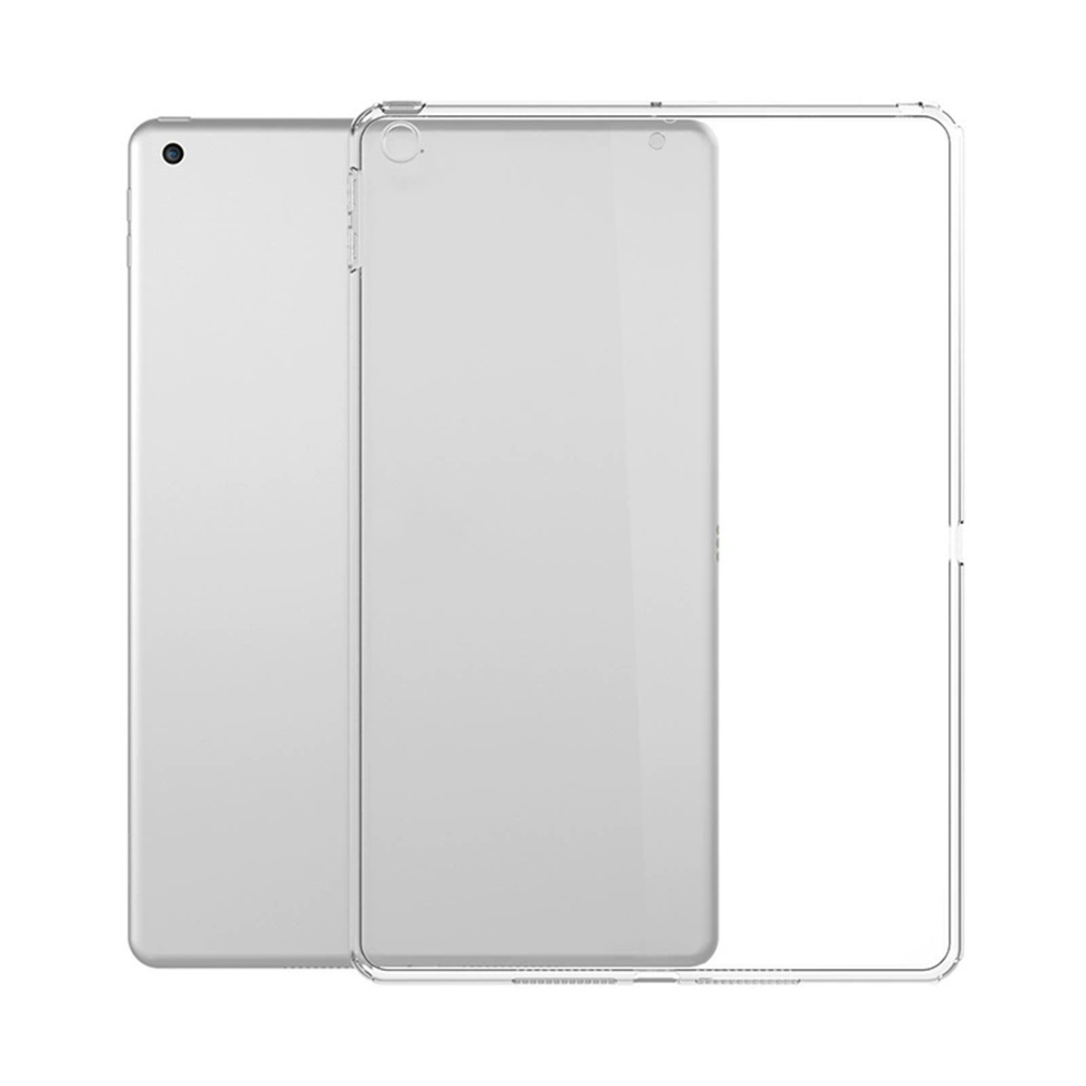 Zwei iPads werden mit transparenten Hüllen angezeigt. Die iPads sind silberfarben, die Hüllen sind transparent.