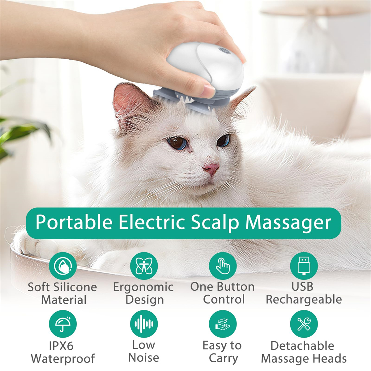 Eine weiße Katze wird mit einem weiß-grauen Gerät massiert. Text weist auf Wasserdichtigkeit und Portabilität hin.