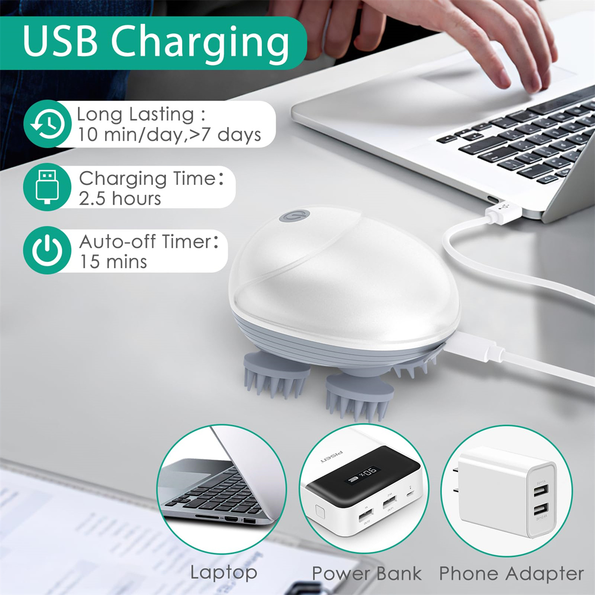 Ein Gerät, das mit einem Laptop, einer Powerbank und einem Telefonadapter verbunden ist. Text zeigt Ladedetails: 10 Min./Tag, <gt/>7 Tage.