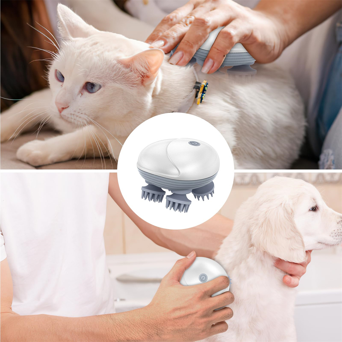 Eine Katze und ein Hund werden mit einem weiß-grauen Gerät massiert. Text ist ebenfalls vorhanden.