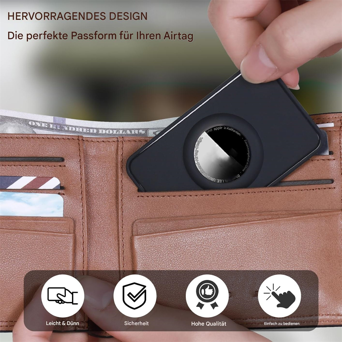 Ein schwarzes AirTag-Zubehör wird in einer braunen Brieftasche platziert. Das Zubehör ist schwarz und hat ein weißes AirTag.
