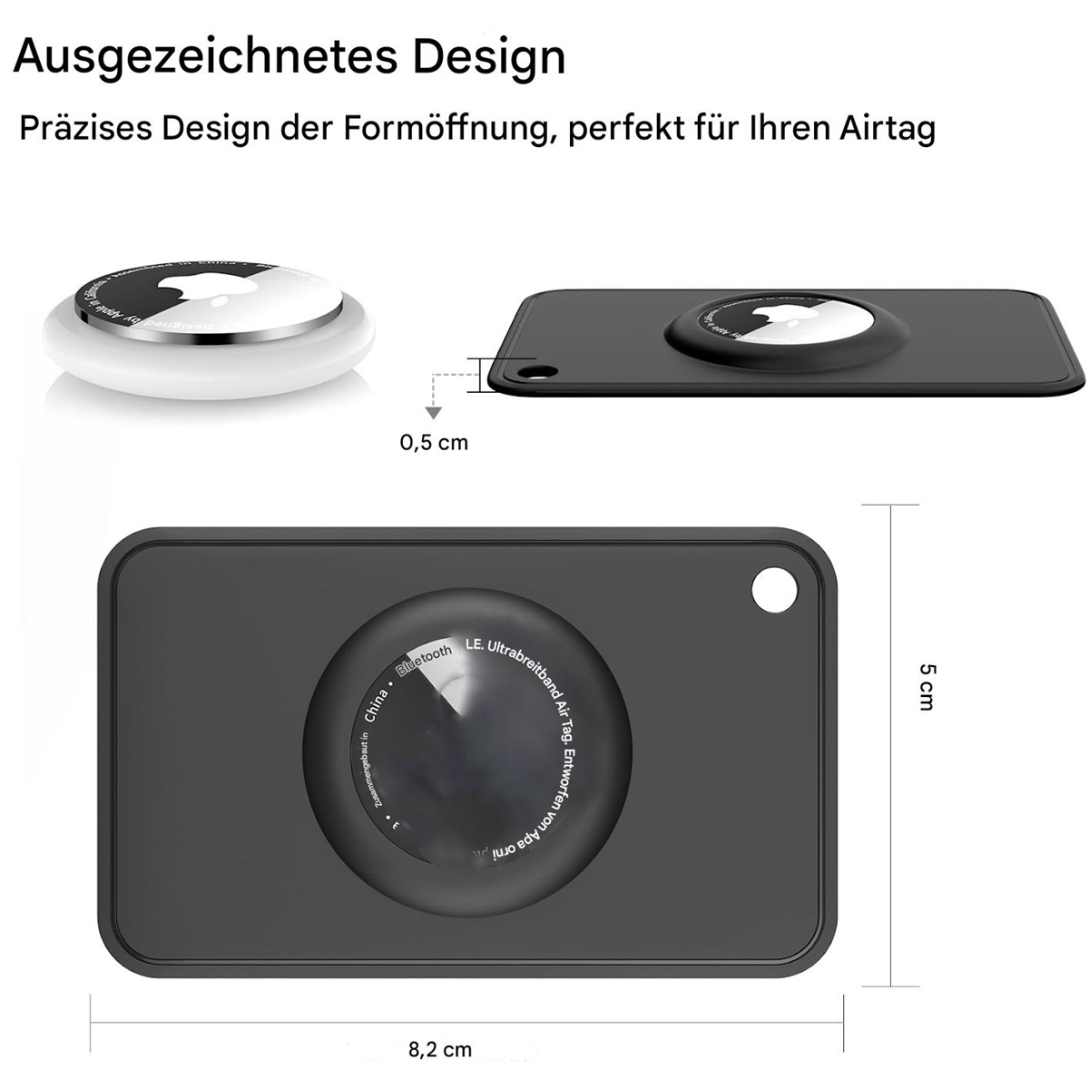 Ein schwarzes AirTag-Zubehör. Es wird neben einem AirTag und in einer Brieftasche gezeigt. Abmessungen sind angegeben.