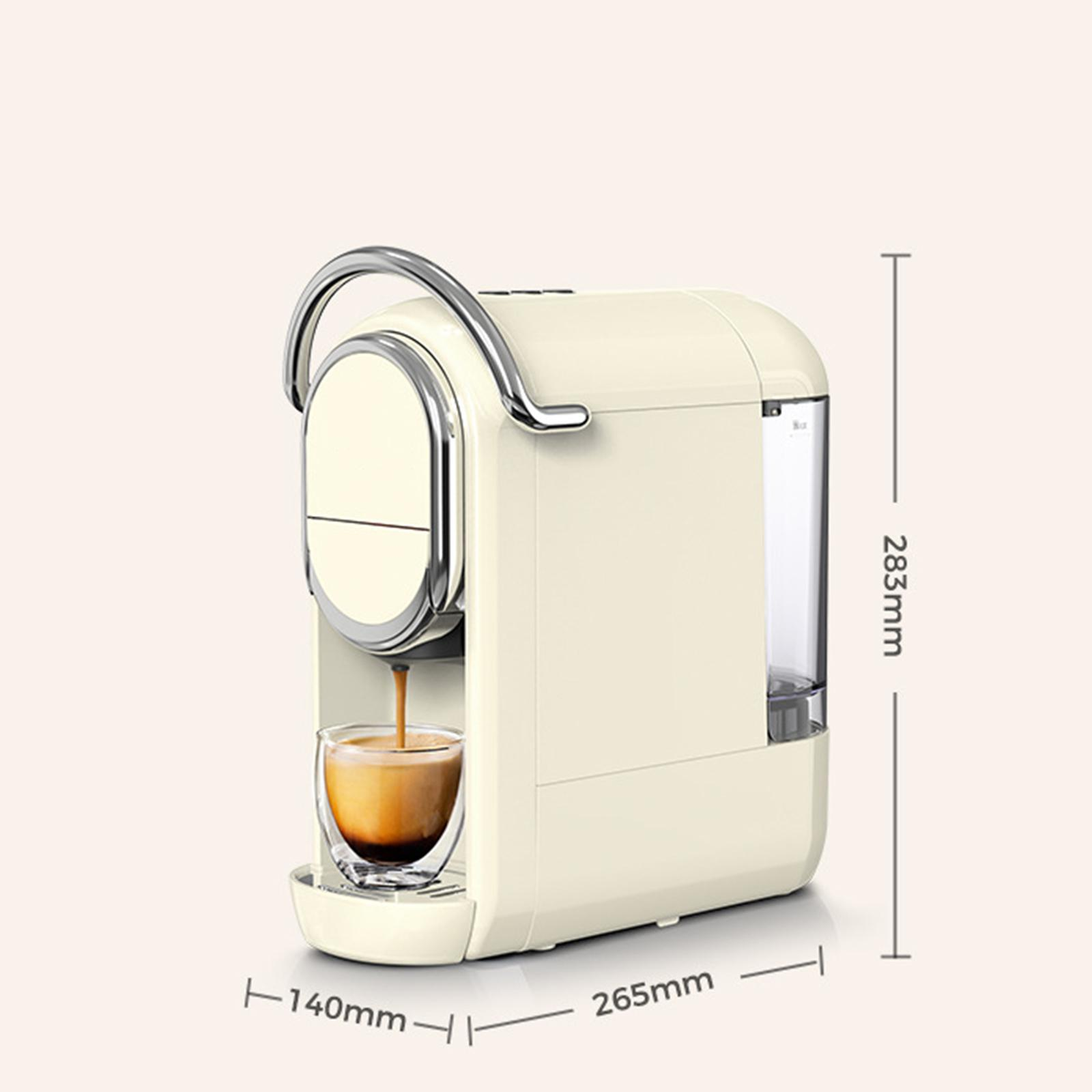 Elfenbeinfarbene Espressomaschine mit Chromgriff, ein Glas Kaffee wird gezeigt. Abmessungen werden in mm angezeigt.