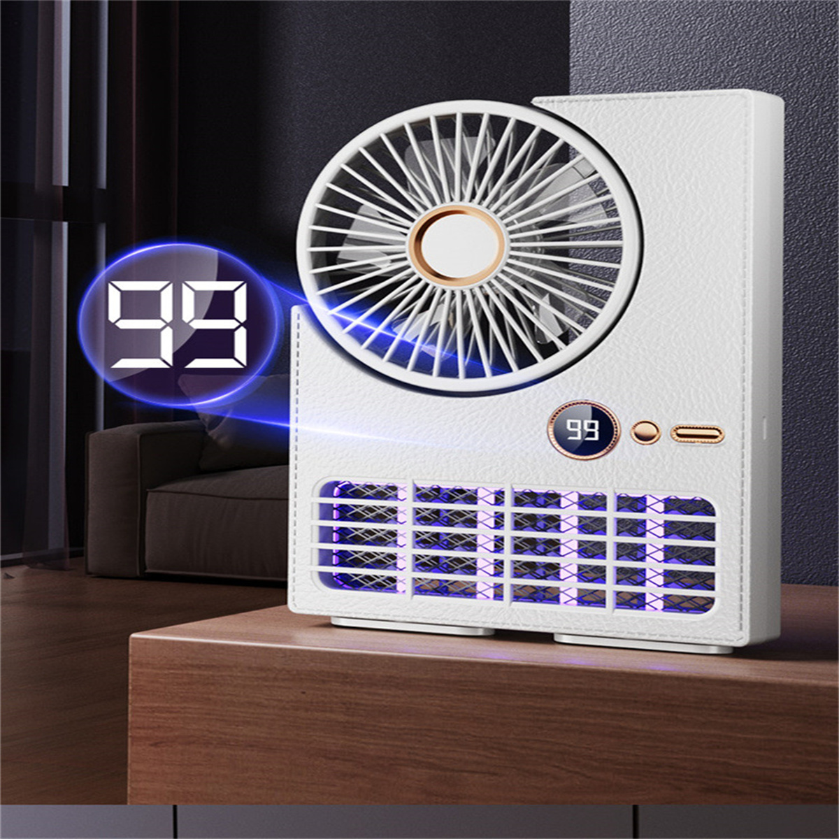 Weißer Ventilator mit Digitalanzeige mit '99'. Er hat ein Gebläse und eine Lichtanzeige mit dunklem Hintergrund.